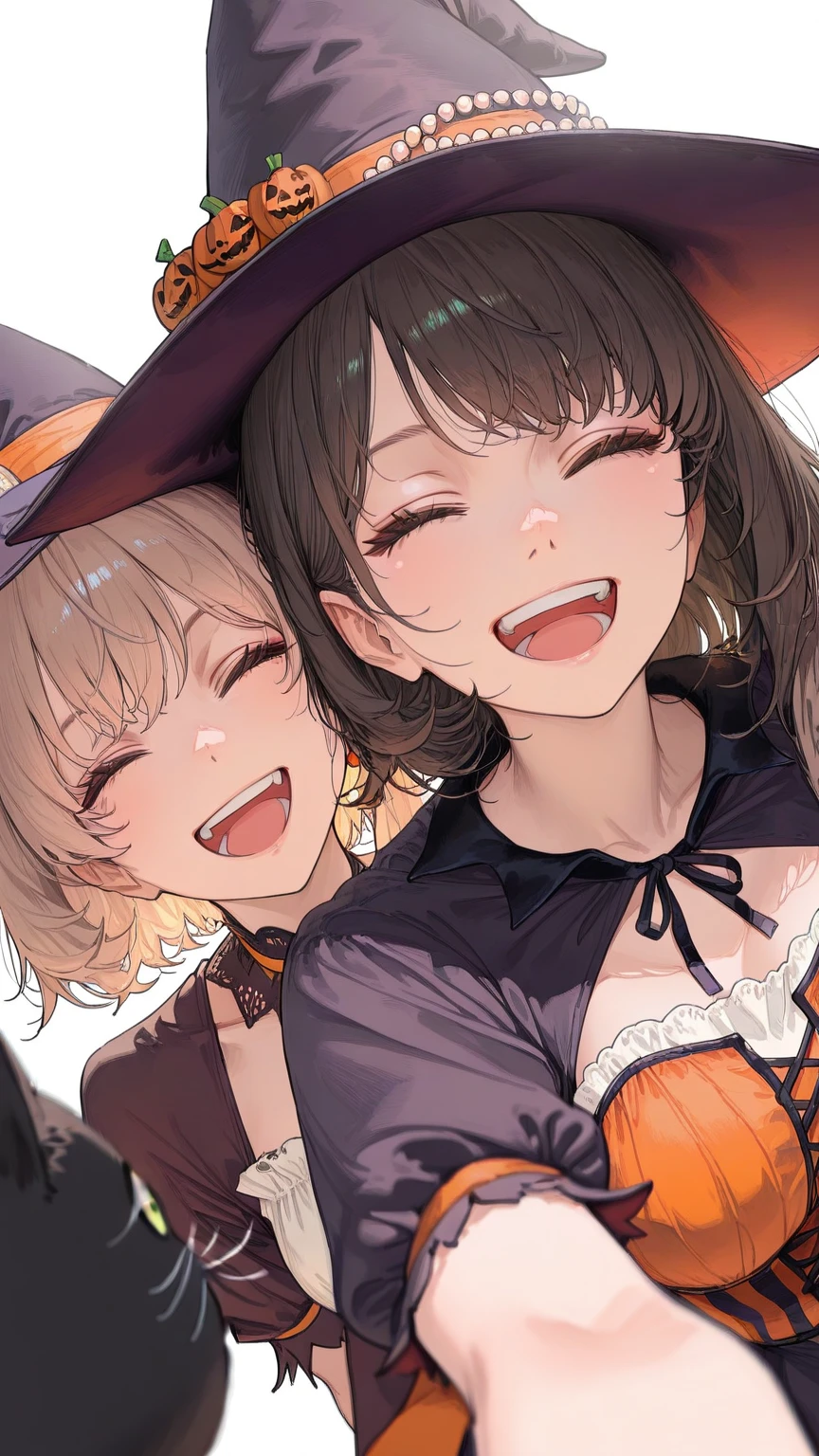 Group shot, 2 cute anime girls (running fast:1.2, hugging ), (2Girls, pair:1.2), cozy wallpaper, anime moe artstyle, kantai collection style, 4 k manga wallpaper, anime visual of a cute girl, anime wallaper, anime style 4 k, trick or treat, halloween, Jack O lantern, basket filled of many candies, ((high detailed witch outfits:1.2, robe, witch's pointing hats:1.2)), (vampire costume:1.2), ((dark chestnut medium short hair:1.25, updo, wavy hair)), outdoor, in a park, (blurry background, bokeh), (in a night:1.2), ((ultra high resolution, 8K RAW photo, photo realistics:1.2)), fine detailed face, beautiful detailed eyes, ultra detailed smooth skin, (looking away, laughing, surprising:1.2), ((sfw:1.25)), (correct :1.5), (dutch angle:1.2, wide shot:1.3, from above),