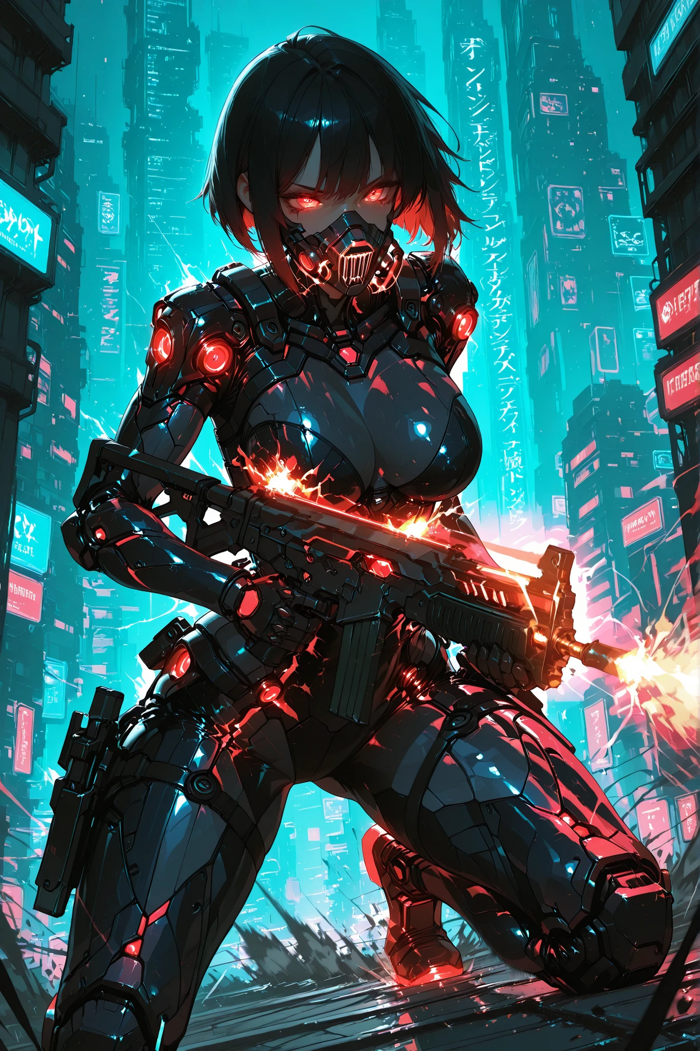  Futuristic female operative wielding a high-tech assault rifle with glowing accents, cyber armor suit, neon-lit ruined cityscape, motion blur showing rapid movement, intense battle expression, cinematic composition, ultra-high detail, sci-fi aesthetics, energy muzzle flash