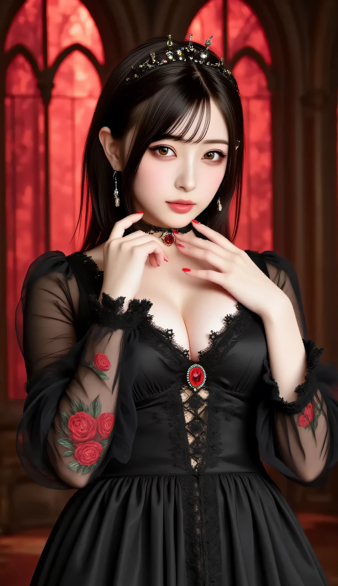 This is a digital artwork in an anime style depicting a young woman with a gothic, Victorian-inspired aesthetic. She has long, straight black hair with a slight red tint and red eyes that stand out vividly against her pale skin. Her facial features are delicate, with a small nose and full red lips. She is wearing a black, lace-trimmed dress with a deep V-neck that reveals significant cleavage, accentuating her large breasts. The dress is adorned with red roses on the sleeves and a large red gem at the center of her chest. She also wears a black lace choker with a matching red gem and a small, ornate crown with a red gem at the front. Her right hand is raised to her face, with her index finger lightly touching her lips, adding a touch of allure. She has long, red-painted nails that match her lipstick and the red roses in her dress. The background is a gothic cathedral with tall, arched windows letting in a red, eerie light that casts a dramatic glow over her figure. The overall mood of the image is dark and mysterious, with a strong emphasis on gothic and romantic elements.