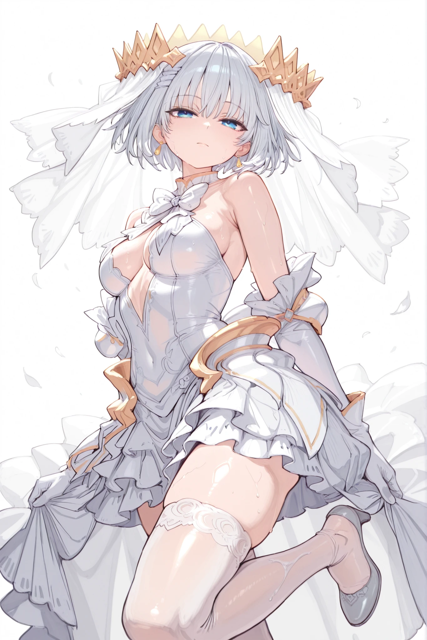(masterpiece), (best quality), (ultra-detailed), AngelOrigami, tobiichi origami, 1girl, solo, looking at viewer, short hair, blue eyes, medium breasts, closed mouth, white hair, bridal veil, agl_thighhighs, agl_dress, agl_gloves, agl_veil, agl_heels, floating, see-through, leg up, (((detailed face))), (upper body), white background, illustration, disheveled hair, detailed eyes, perfect composition, moist skin, intricate details, earrings