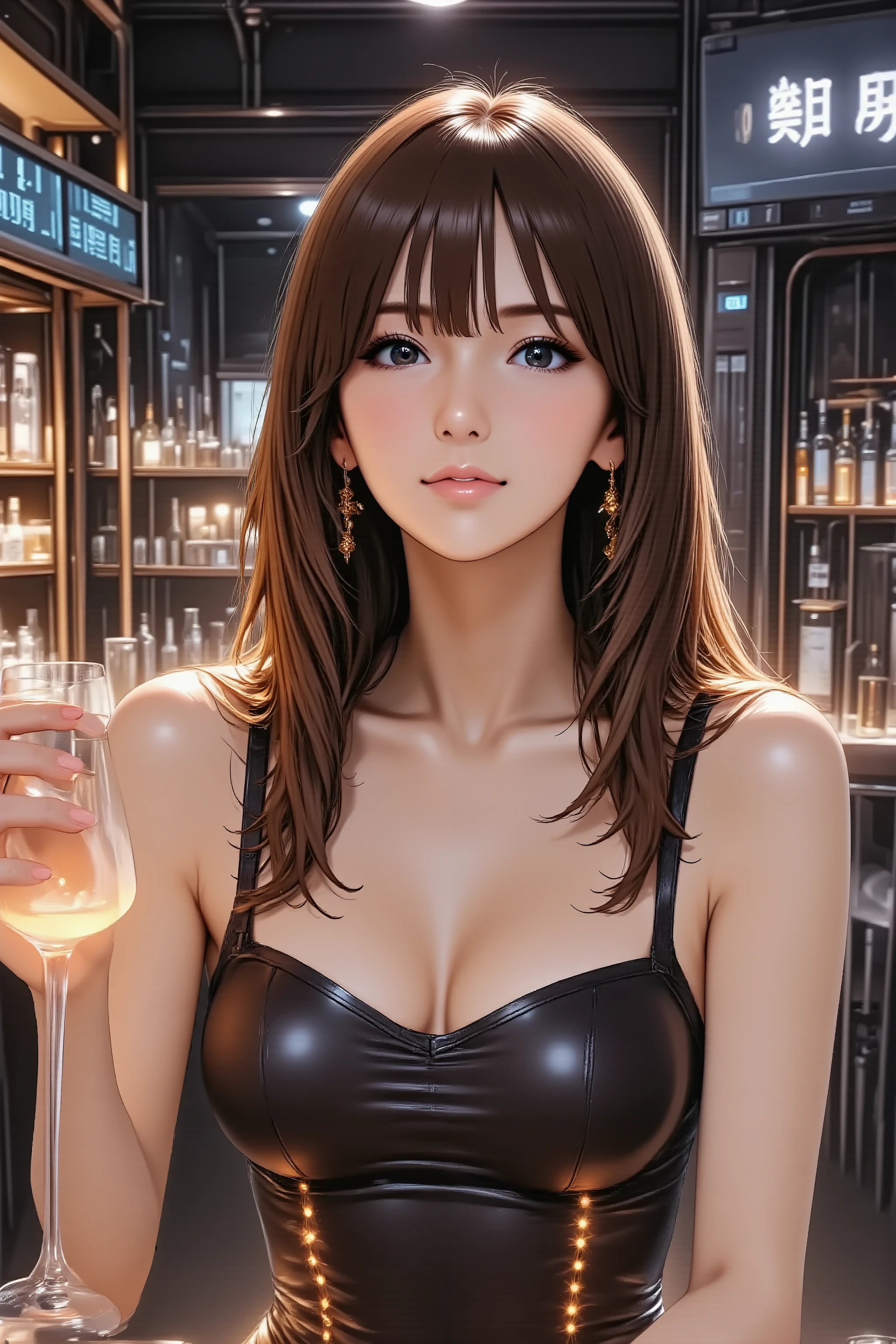 An alluring married woman in her 30s, depicted in a detailed anime style. She has long, flowing bioluminescent hair (subtle neon glows) and natural, refined makeup. She has natural and correct anatomy, perfectly rendered hands with beautifully manicured fingers, and well-proportioned limbs. She is wearing a sleek, futuristic cocktail dress with glowing accents, standing at a dimly lit, high-tech bar counter. She makes an alluring hand gesture, her manicured fingers delicately tracing the rim of a glowing futuristic glass. She looks directly at the viewer with a confident, mature smile, exuding sophisticated charm. Waist-up shot.
