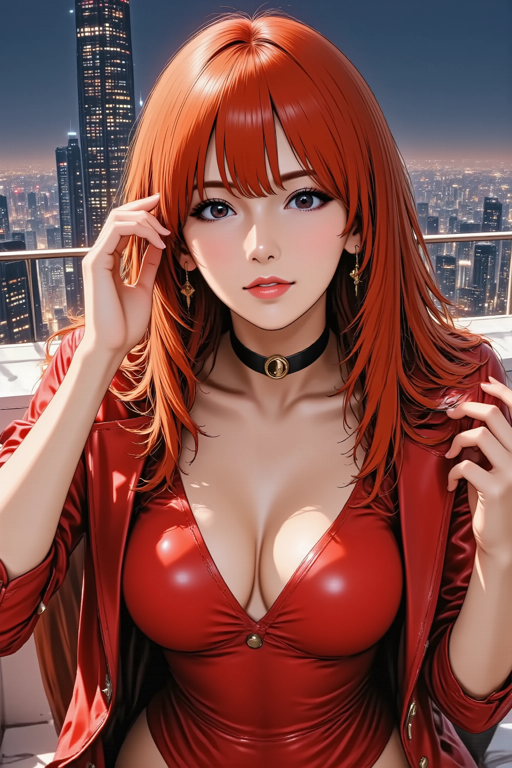 A powerful and glamorous married woman in her 30s, illustrated in a dynamic anime style. She has long, voluminous red hair with integrated glowing elements, and dramatic, red lips, artistic makeup with strong contours and metallic accents. She has natural and correct anatomy, perfectly rendered hands with beautifully manicured fingers, and well-proportioned limbs. She is wearing an elaborate, futuristic coat with an upturned collar, standing on a windy rooftop of a towering skyscraper, with a vast, glittering cybercity nightscape behind her. One beautifully manicured hand is raised, adjusting a subtle earpiece or touching her hair. She looks directly at the viewer with an authoritative, enigmatic smile and commanding mature charm. Waist-up shot.
