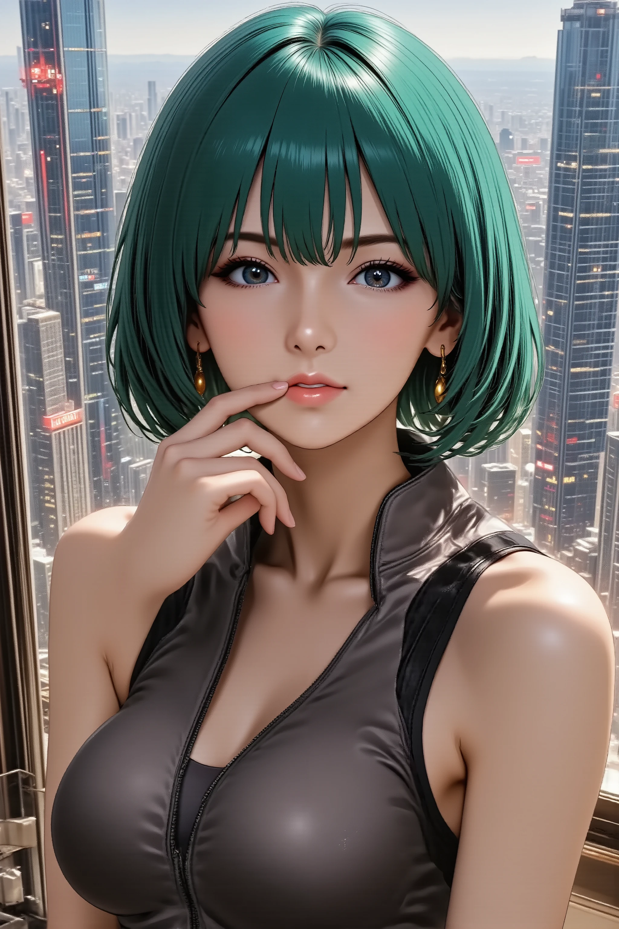 A mysterious married woman in her 30s, rendered in a captivating anime style. She has short, sharp-cut cyber-green hair and bold makeup, red lips. She has natural and correct anatomy, perfectly rendered hands with beautifully manicured fingers, and well-proportioned limbs. She is wearing a stylish, functional tech-wear jacket, standing by a panoramic window of a towering skyscraper, overlooking a sprawling neon city. She makes an alluring hand gesture, her beautifully manicured fingers delicately touching her lips with a thoughtful expression. She looks directly at the viewer with a calm, enigmatic smile and mature charm. Waist-up shot.