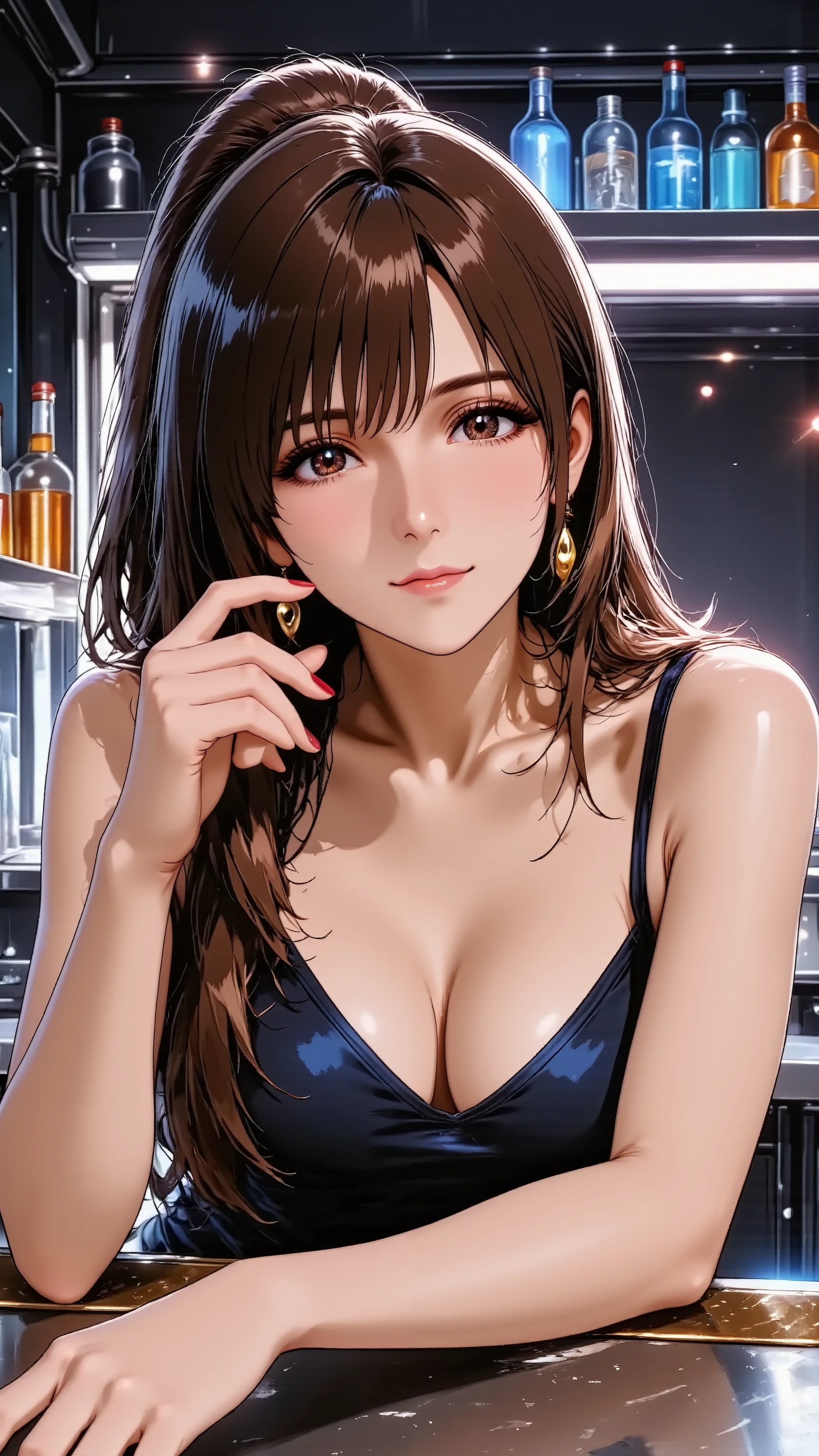 An alluring married woman in her 30s, depicted in a detailed anime style. She has long, flowing bioluminescent hair (subtle neon glows) and natural, refined makeup. She has natural and correct anatomy, perfectly rendered hands with beautifully manicured fingers, and well-proportioned limbs. She is wearing a sleek, futuristic cocktail dress with glowing accents, standing at a dimly lit, high-tech bar counter. She makes an alluring hand gesture, her manicured fingers delicately tracing the rim of a glowing futuristic glass. She looks directly at the viewer with a confident, mature smile, exuding sophisticated charm. Waist-up shot.