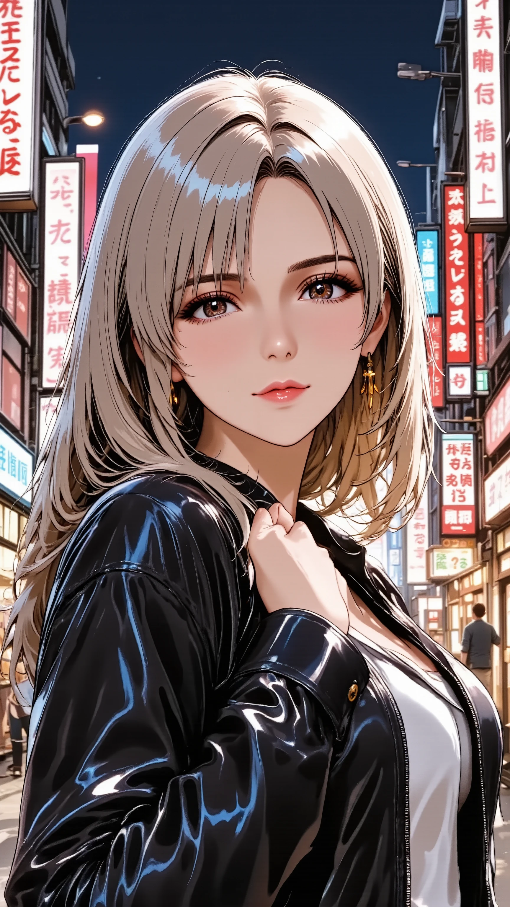 An enigmatic married woman in her 30s, depicted in a stylish anime style. She has long, electric silver hair with glowing data lines, and bold, dramatic makeup with heavy eyeliner and red lipstick. She has natural and correct anatomy, perfectly rendered hands with beautifully manicured fingers, and well-proportioned limbs. She is wearing a sleek, form-fitting vinyl jacket with neon trim, standing on a bustling, neon-lit street in a cybercity's entertainment district. She makes an alluring hand gesture, her manicured fingers delicately touching the collar of her jacket. She looks directly at the viewer with a knowing, seductive smile and profound mature charm. Waist-up shot.