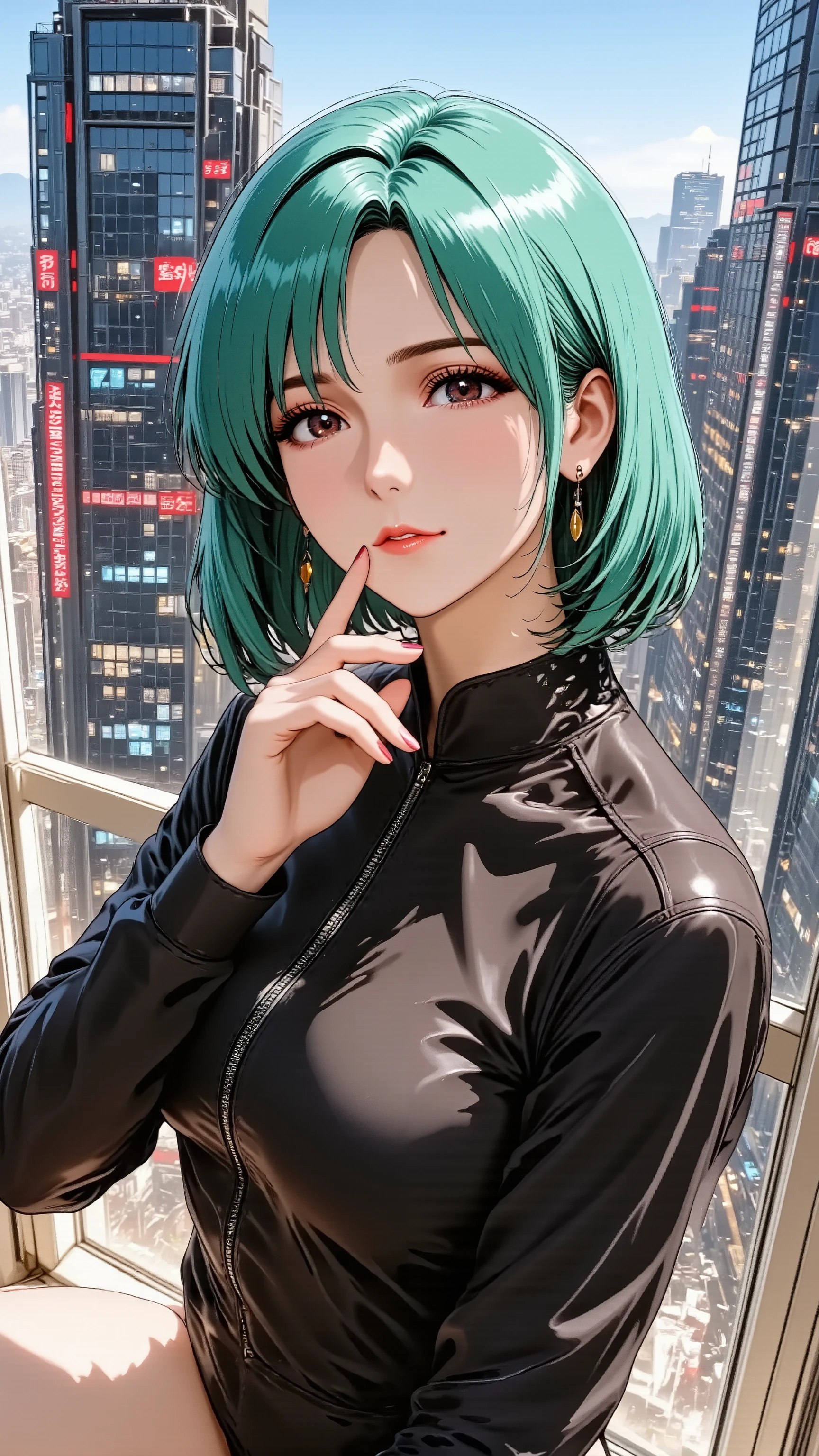 A mysterious married woman in her 30s, rendered in a captivating anime style. She has short, sharp-cut cyber-green hair and bold makeup, red lips. She has natural and correct anatomy, perfectly rendered hands with beautifully manicured fingers, and well-proportioned limbs. She is wearing a stylish, functional tech-wear jacket, standing by a panoramic window of a towering skyscraper, overlooking a sprawling neon city. She makes an alluring hand gesture, her beautifully manicured fingers delicately touching her lips with a thoughtful expression. She looks directly at the viewer with a calm, enigmatic smile and mature charm. Waist-up shot.