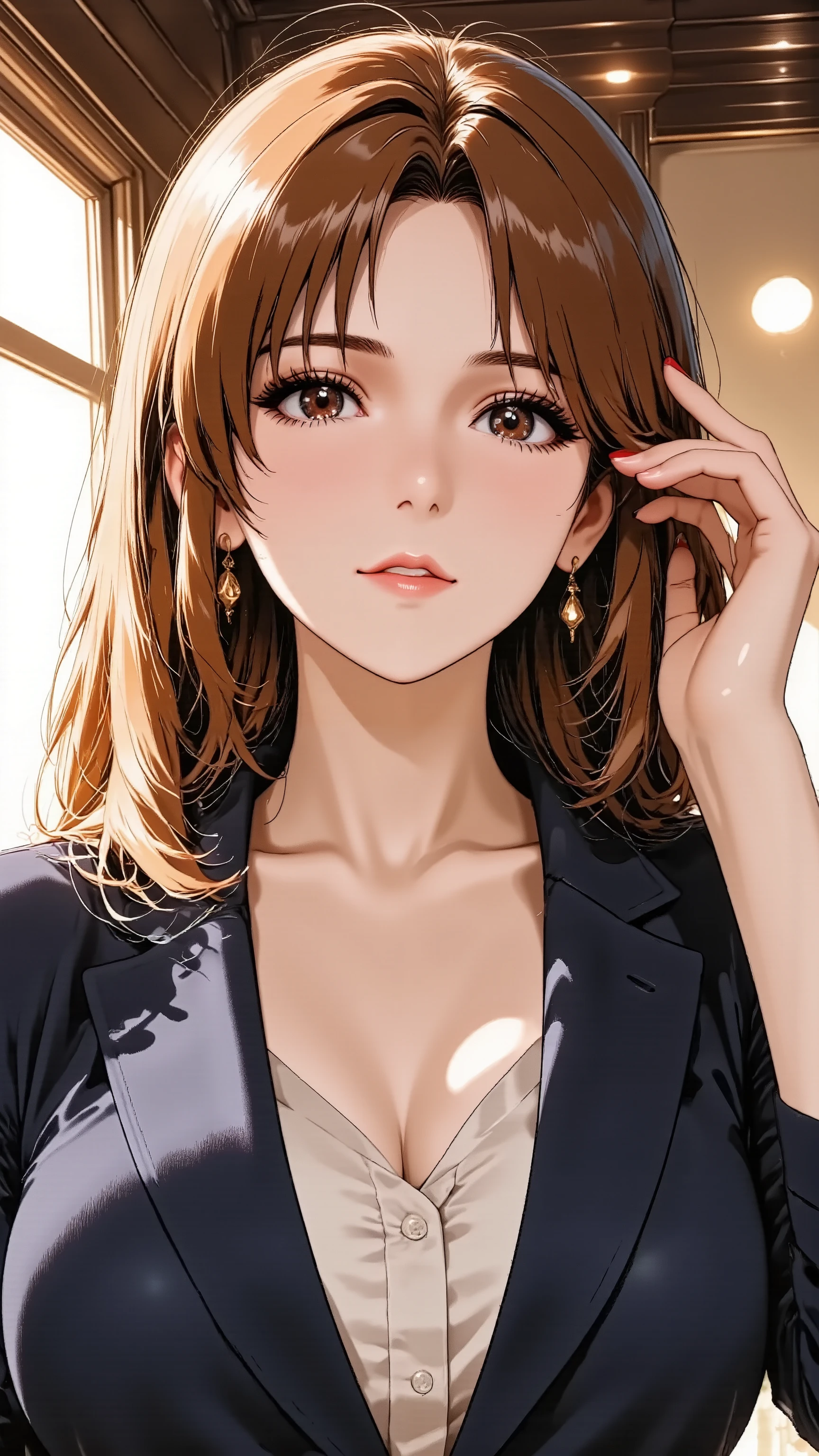An elegant married woman in her 30s, rendered in a captivating anime style. She has long, wavy brunette hair flowing over her shoulder and dramatic, glamorous makeup with defined winged eyeliner and vibrant red lipstick. She has natural and correct anatomy, with perfectly rendered hands, ensuring exactly five fingers on each hand, beautifully manicured. She is wearing a professional office uniform (a navy blazer over a light blouse), standing near a window in a sunlit office. She makes an alluring hand gesture, her beautifully manicured fingers gracefully running through a strand of her hair near her temple. She looks directly at the viewer with a confident, alluring smile and commanding mature charm. Waist-up shot.