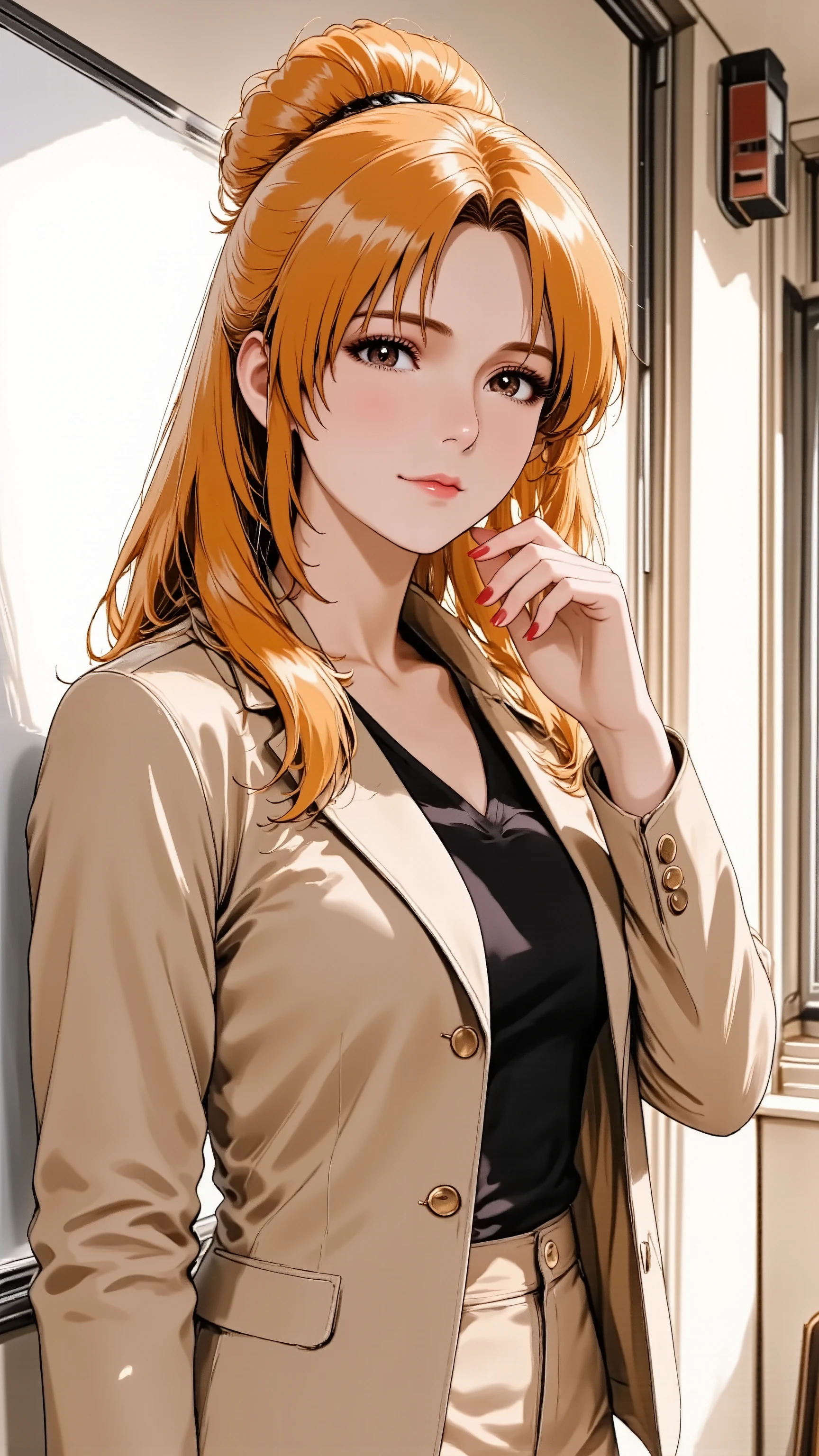 A charming married woman in her 30s, illustrated in a dynamic anime style. She has long, honey-blonde hair styled in a sophisticated half-up. She has bold, artistic makeup with strong contours and rich red lipstick. She has natural and correct anatomy, with perfectly rendered hands, ensuring exactly five fingers on each hand, beautifully manicured. She is wearing a smart office uniform (a fitted beige jacket over a black top), standing next to a sleek, modern whiteboard. She makes an alluring hand gesture, her beautifully manicured fingers delicately resting on her chin, conveying thoughtfulness. She looks directly at the viewer with a subtle, knowing smile and profound mature charm. Waist-up shot.