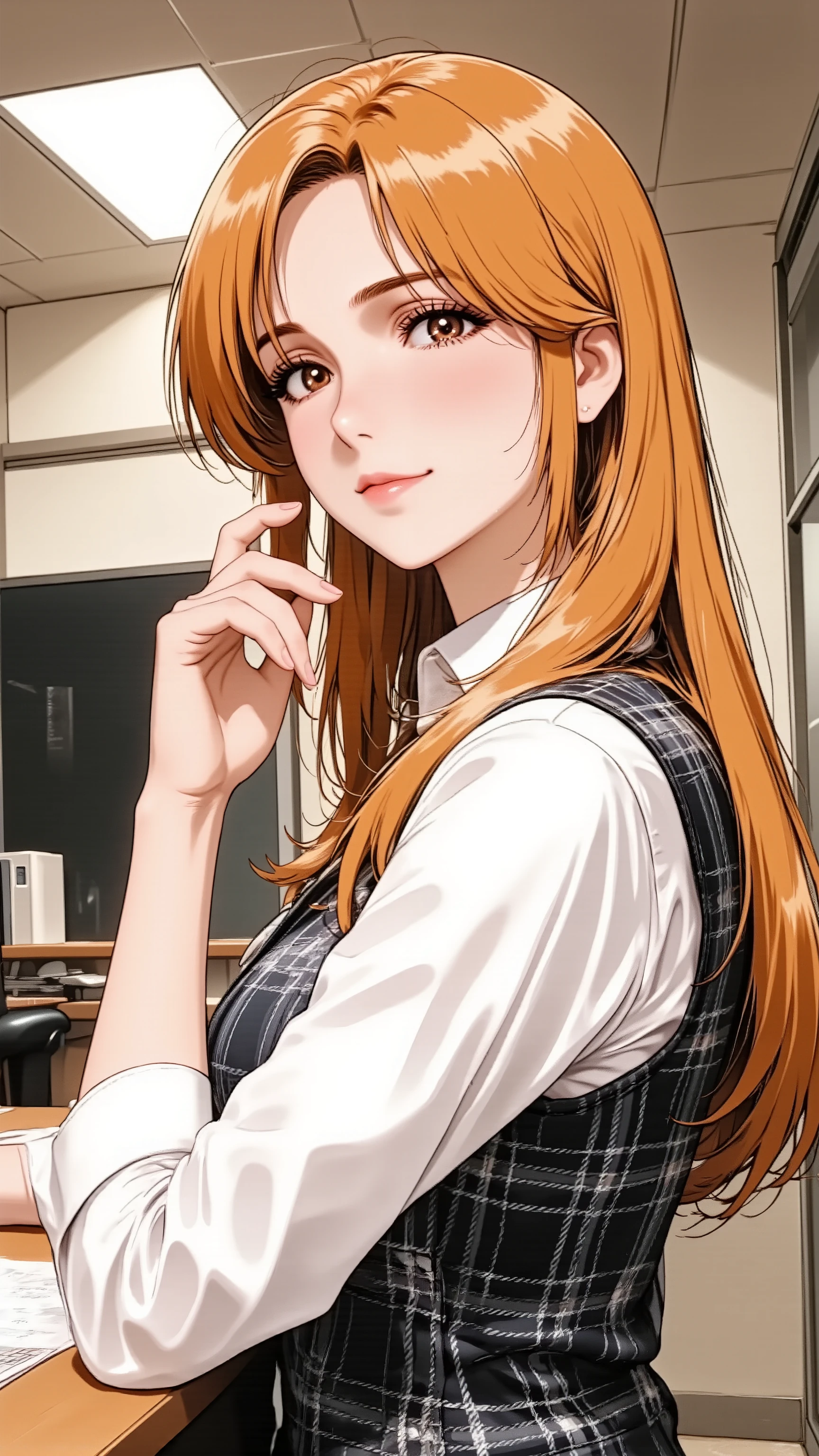 A thoughtful married woman in her 30s, illustrated in a dynamic anime style. She has long, sleek honey-blonde hair and bold, sophisticated makeup with defined eyes and glossy red lips. She has natural and correct anatomy, ensuring exactly five fingers on each beautifully manicured hand, and well-proportioned limbs with a generous bust. She is wearing a professional office uniform: a crisp white blouse, a Burberry-style plaid vest in black, grey, and white tones. She is standing at a modern office table with some documents. She makes an alluring hand gesture, her beautifully manicured fingers gently supporting her chin as she looks directly at the viewer with an intelligent, contemplative smile and mature allure. Shot from a low side angle, slightly from the right, waist-up portrait.