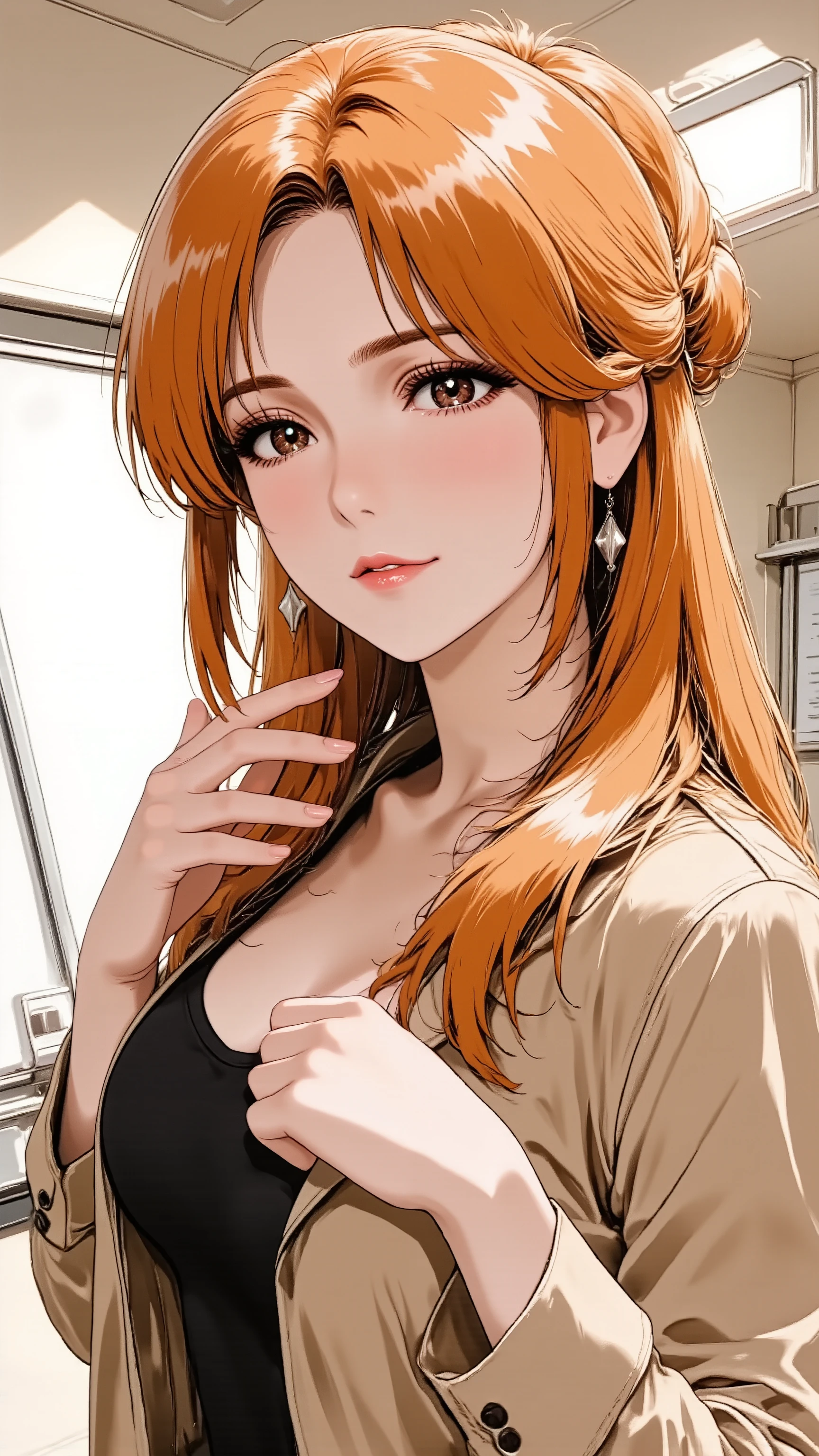 A charming married woman in her 30s, illustrated in a dynamic anime style. She has long, honey-blonde hair styled in a sophisticated half-up. She has bold, artistic makeup with strong contours and rich red lipstick. She has natural and correct anatomy, with perfectly rendered hands, ensuring exactly five fingers on each hand, beautifully manicured. She is wearing a smart office uniform (a fitted beige jacket over a black top), standing next to a sleek, modern whiteboard. She makes an alluring hand gesture, her beautifully manicured fingers delicately resting on her chin, conveying thoughtfulness. She looks directly at the viewer with a subtle, knowing smile and profound mature charm. Waist-up shot.