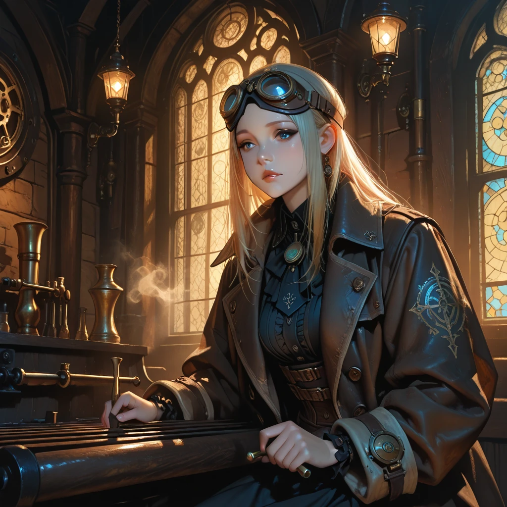 (a 19 yo girl, (Ana de Armas:0.45), (redhead:1.1)), cute smile, (perfect eyes:1.1), wavy hair, steampunk jumpsuit, intercom headset, steampunk choker, long leather boots, perfect detailed face, detailed symmetric green eyes with circular iris, fixing a steam engine in the steampunk garage filled with steam and smoke, onvex lenses, intricate, hdr, intricate details, detailed, cinematic, cogs and gears, steamy background with lots of steam pipes and steam valves and pressure gauges and gears, realistic, stunning realistic photograph, 3d render, octane render, cinematic, Isometric, Centered, hyperealistic cover photo, awesome full color, 12k, high definition, portrait featured on unsplash, smooth, ultra high definition, 8k, ultra sharp focus, intricate artwork, masterpiece, ominous, epic, highly detailed, warm cinematic