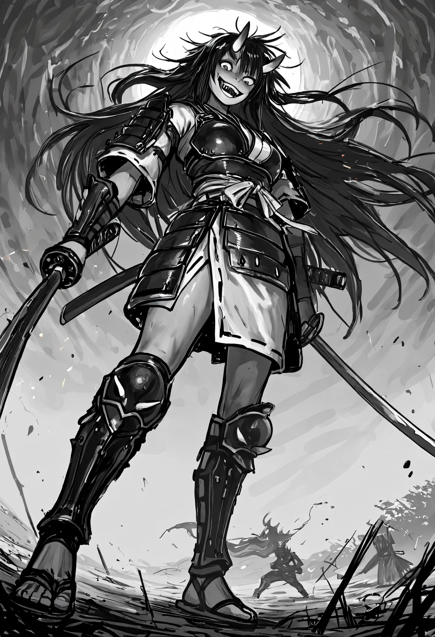 Game monster, sketch, concept art, Twisted human face with crazy smile and oni teeth, demon oni fangs, japanese folklore ONI, Oni, kimono and feudal battle armor, Katana , long thin body, floating hair, on plain white canvas, rough, thin lines, 2d, concepts art, Masterpiece, incredible quality, perspective, standing still pose, Dutch angle,Alone , grew old, brutal, cunning