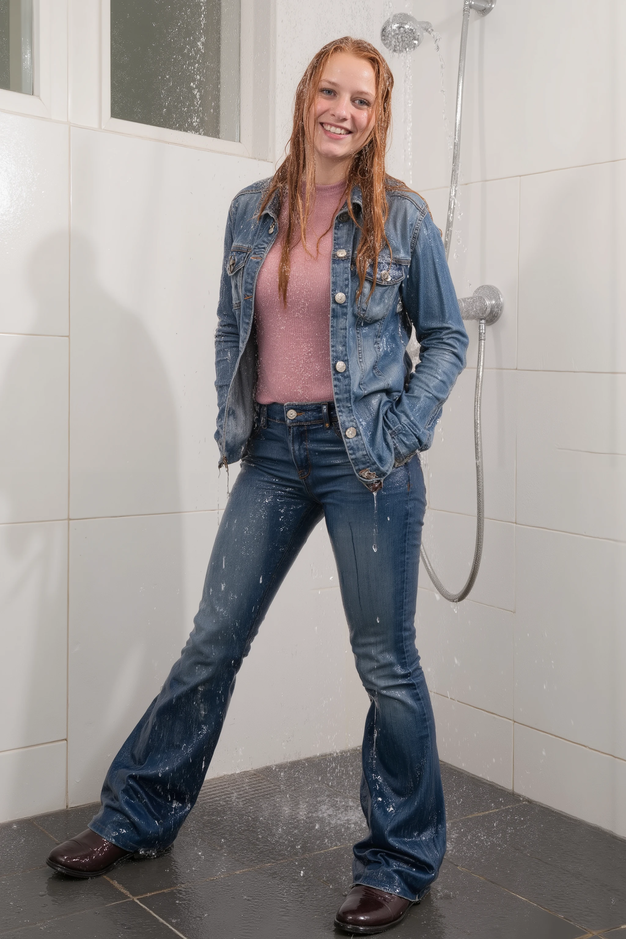 Uncensored, A girl with very wet long red-blonde hair, in the rain, soaking wet hair, very attractive 18-year old girl, seen right from the front, enjoying being all wet, very long hair, her hair dripping and sticking, standing with legs spread and hips pushed forward, in a big bathroom, well lit with windows, standing under a running shower, her hair right under the spray, smiling to the viewer, showing her teeth, perfect proportions, perfect figure, blue eyes, faded blue denim jacket with pockets, tight faded blue Lois jeans with flares, a pink sweater tucked in, dark brown leather boots, , completely soaking wet, wet hair, waterlogged clothes, soaking wet, wet, wetlook