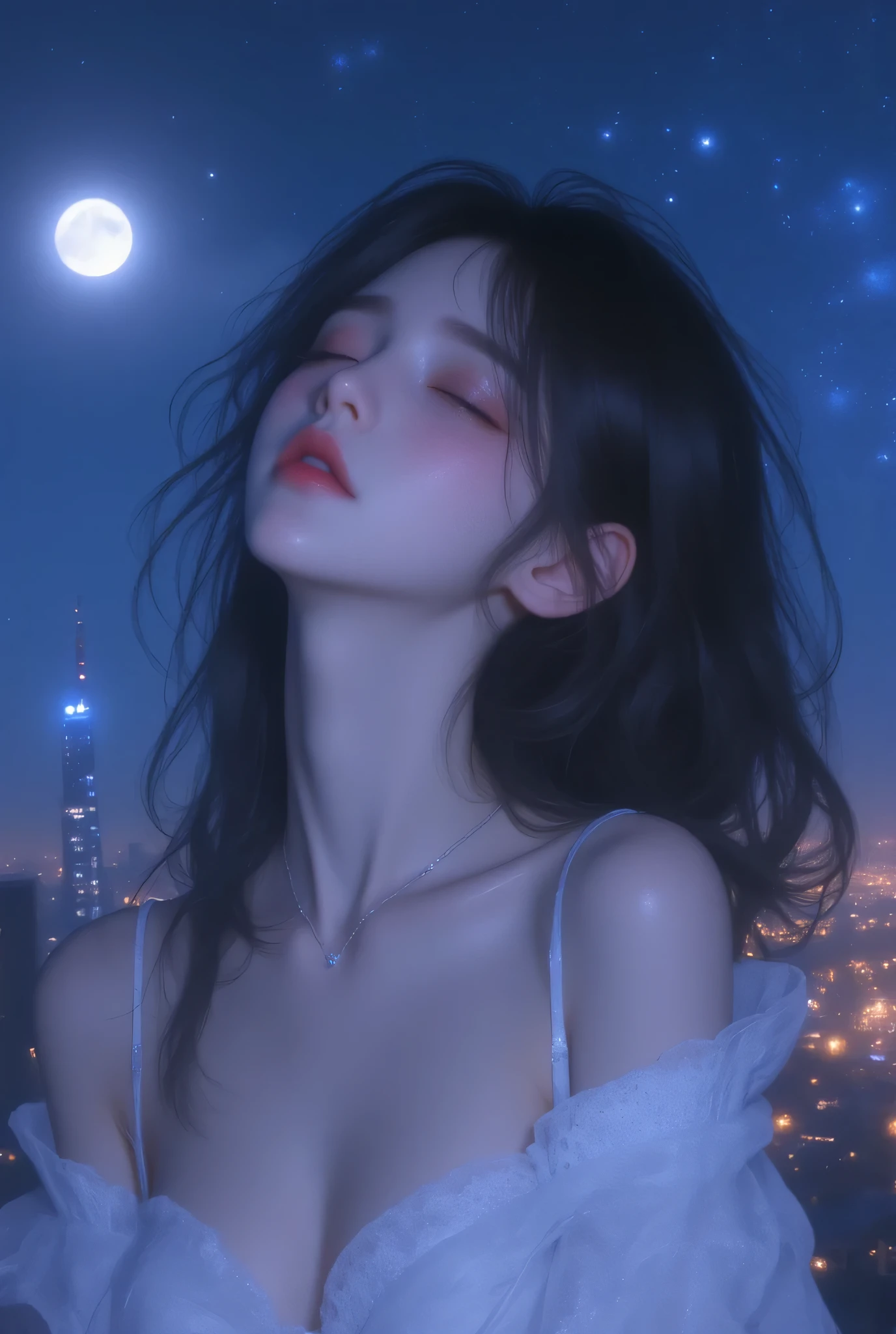Highest Quality、masterpiece、high sensitivity、high definition、detailed description、Slender Woman、Full body photo、美しいGirl、cute idol、Skin that is white and translucent、Cute mouth、Adorable Eyes、high nose、 with a high and sharp nose、japanese model、extra long black hair、white skin、smooth skin、
white skin、busty women、reflective light、shot with Canon EOS R5、50MM lens、f/1.8、 8K resolution、ray tracing、 Anatomically perfect hands、5 fingers、 Milky Way、starry sky、moonlight、 full moon、Skyscraper Rooftop、Girl、Close your eyes、Open Mouth、Singing Enthusiastically、off shoulder white dress mini skirt、is crying、