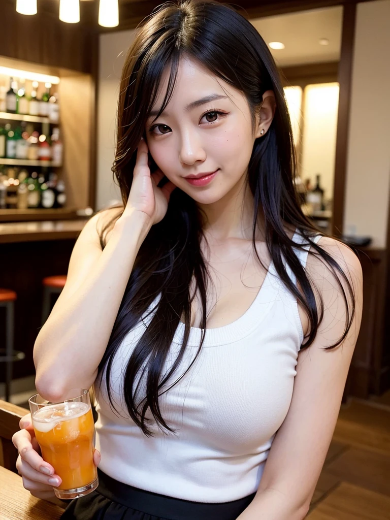 A very cute face like an idol、Looks like a young face、20-year-old female、Gentle and cute、A kind smile、White,  shirt、((whole body像))、Cleavage、A crowded bar、Toast with a beer mug、Cinema lighting、Natural light、whole body、RAW Photos、Genuine、Artistic、(High level of artistry)、High quality that is indistinguishable from real life、realism、Real Stick、High resolution、masterpiece