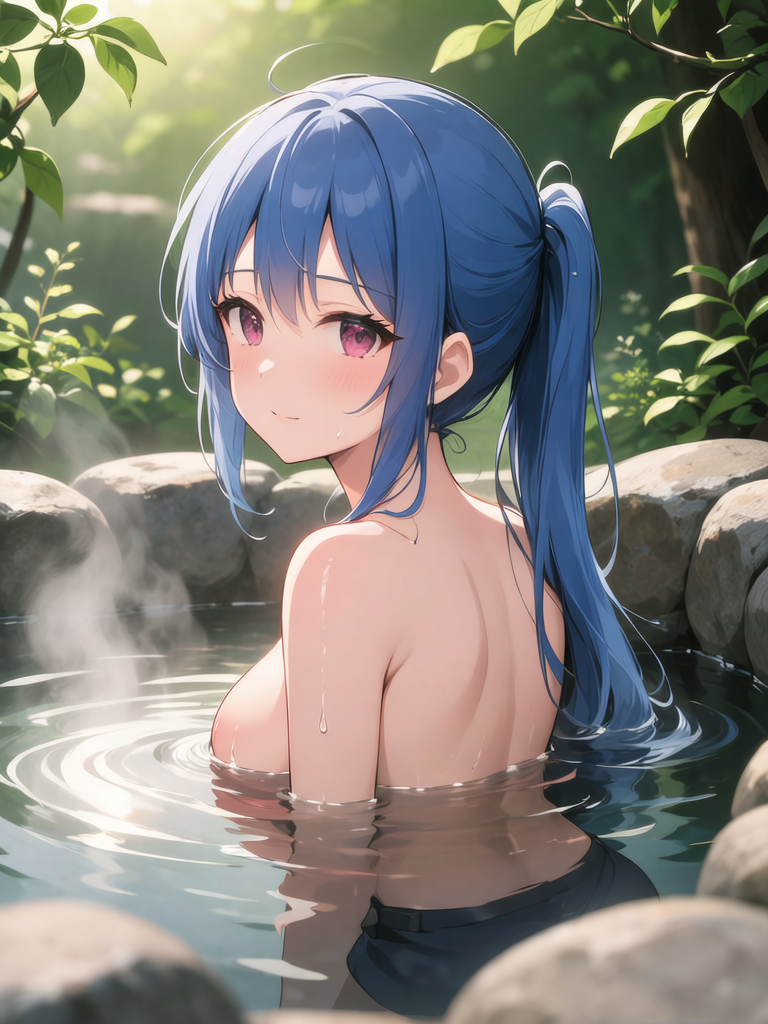 todoshizuko, purple hair, ponytail, hair ribbon, long hair, blue eyes, makeup, 15years old , (wearing nothing:2),cooking, empty eyes, ICE CREAM, ?????????????, solo, pool, sea, , blue sky, , ??????