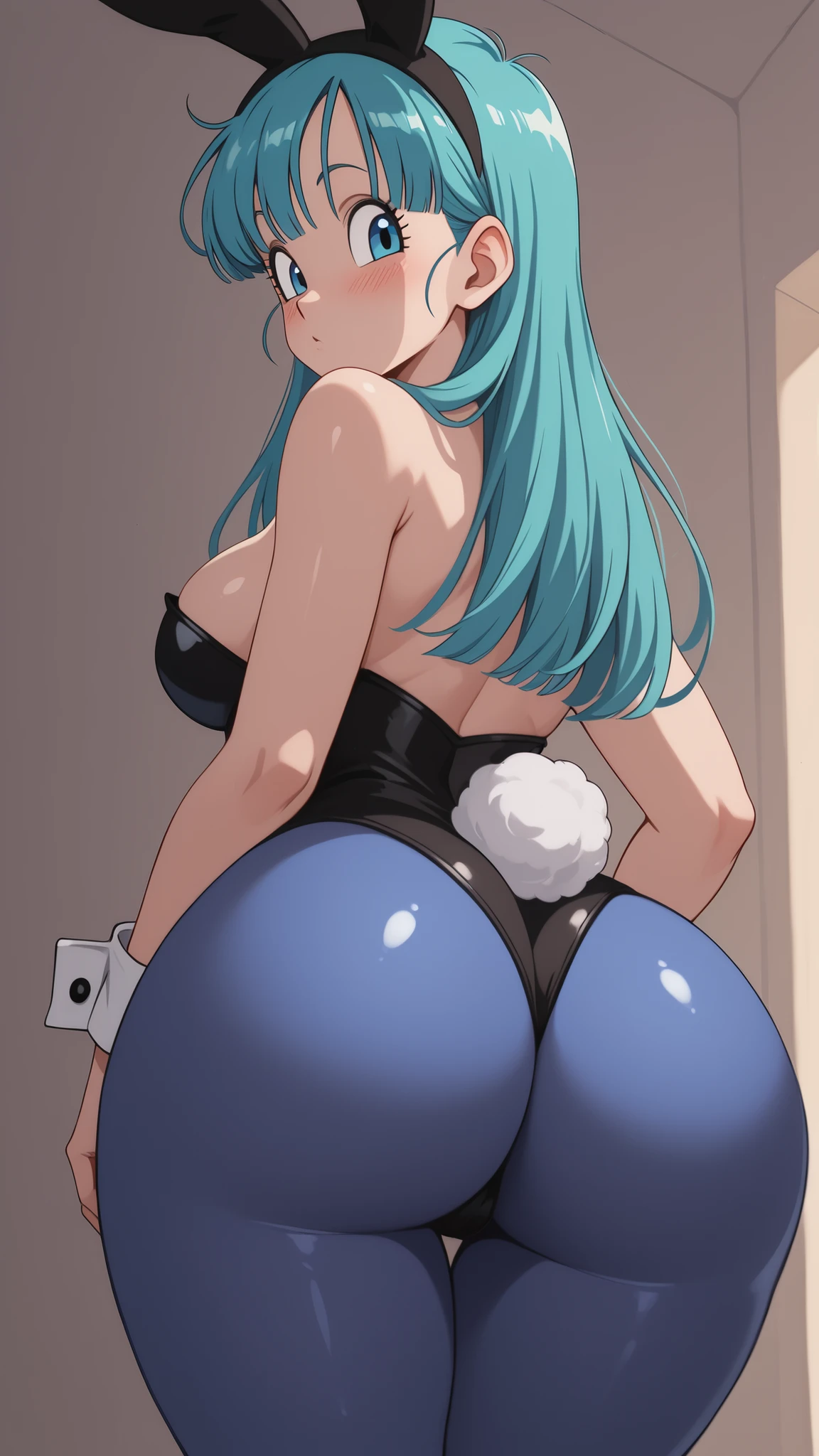 Masterpiece, best quality, solo, 1girl, hot female bulma,wearing bunny girl,blue pantyhose , and is kind of horny,blush ,looking at viwer ,anime style 2D , long hair,big ass, ass view