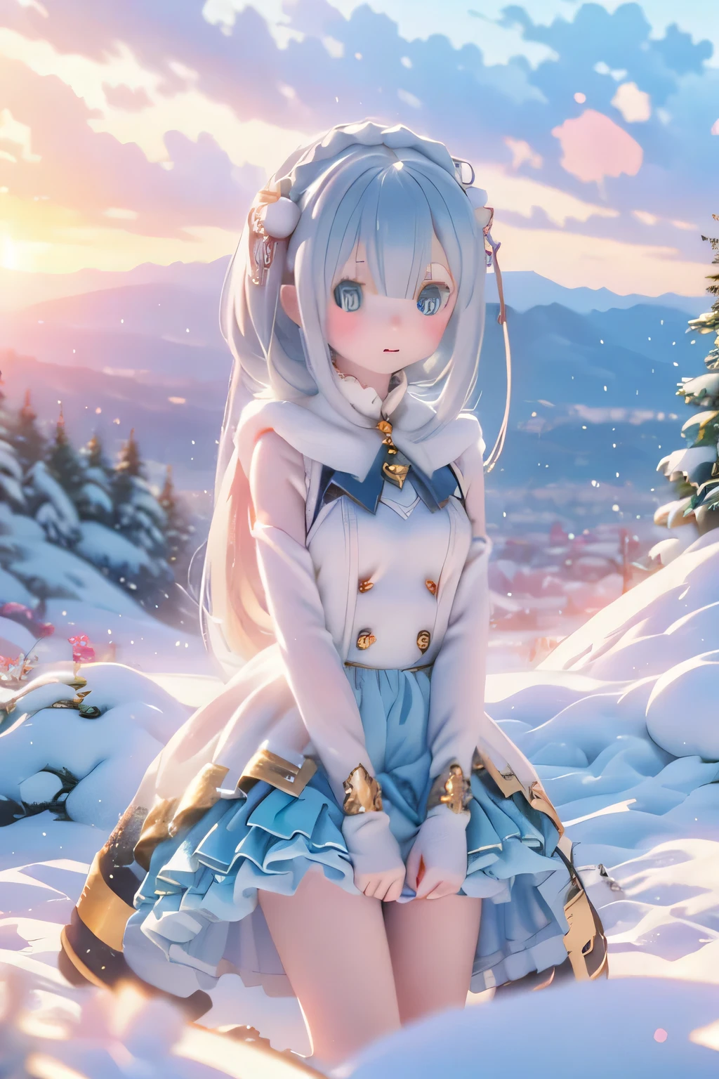 Emilia,,Gentle Eyes,,Background around a conical tank,light particles,Sky Dyed by Sunset,fantastic atmosphere,Delicate Digital Art,high definition,Exquisite Details,4K rendering of a woman dressed as Aquaman in Washington DC,standing on all fours at execution site,professional,brilliant colors,Bokeh、Mysterious otherworldly scenery、Ice Sword、freezing cute、Ice Queen Diamond Dust