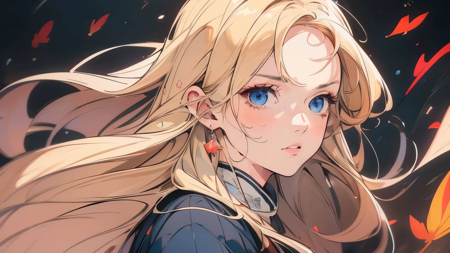 A woman alone 、Autumn Night、Belly Down、Blonde woman、midnight、Blond woman with blue eyes and eyes、4K high resolution、Ultra Fine、vivid colors、Realistic、HDR、UHD、Studio Lighting、super fine painting、Sharp Focus、physically-based rendering、Extreme Details、Professional、bright colors、Bokeh、Full Body、dress