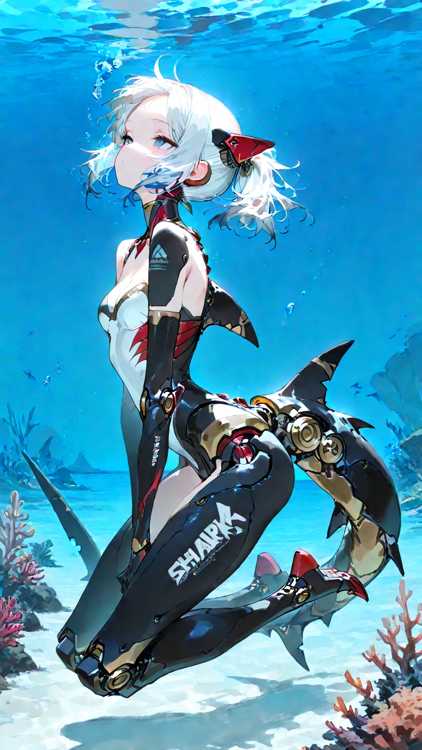 masterpiece, best quality, <lora:nekoemonn_style_ill_v1:1> nekoemonn, 1girl, solo, breasts, looking at viewer, blush, short hair, red eyes, medium breasts, full body, white hair, barefoot, see-through, covered navel, bodysuit, skin tight, floating, fish, bubble, underwater, air bubble