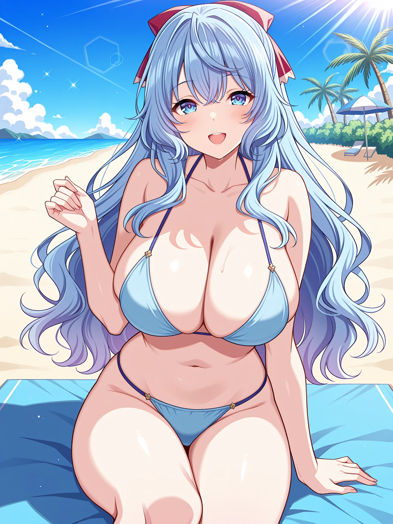 (masterpiece, official art), 1girls, solo, shortstack, thick, curvy, curvaceous, plump, goddess, light blue hair, dark sunglasses on head, long hair, sona buvelle, twintails, hair ornament, (blue micro , navel), (closeup), portrait, (), standing, cowboy shot, at beach, lifeguard, looking at viewer, (upper body), smile, seductive, alluring attire
