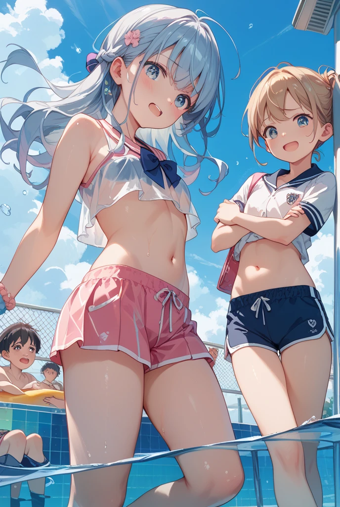 (score_6_up)(score_7_up)(score_8_up)(score_9)
(source_anime),
(perfect )
(realistic detailed background of beach with splash water)
(best quality), (masterpiece), uncensored,
(vtuber , blue archive :0.5)
(detailed character line)
(2girls from front angle)

BREAK

(splashing water by hands)
(multiple girls of 2girls playing in sea within completely submerged in water)
(face focus)
(cute faces)
( visible through see-through shirt)
(detailed blue  with uneven edging:1)
(detailed waterline)
(detailed legs under the water)

(wet soggy sticky T-shirt)