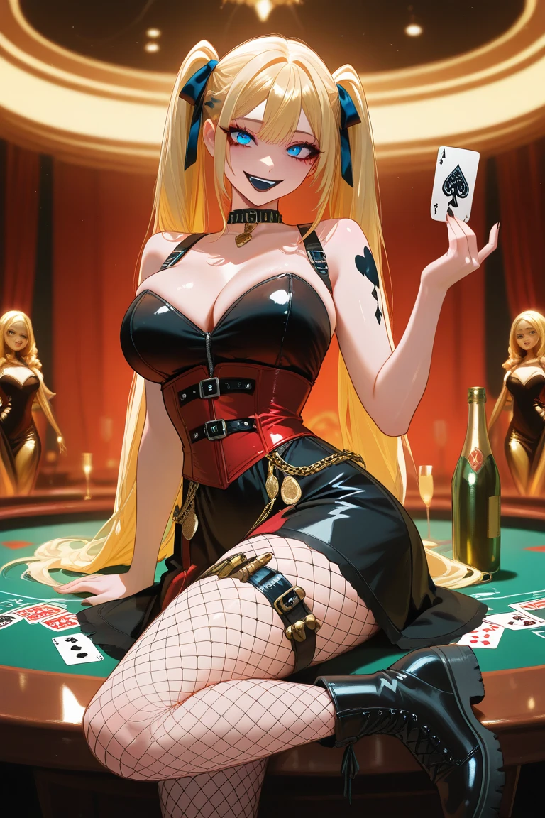 masterpiece, best quality, newest, absurdres, highres, realistic,
casino, dim lighting, crowd, people, playing card, blurry background, photo background,
1girl, blonde hair, medium hair, twintails, hair ribbon, detailed eyes, multicolored eyes, green eyes, eyebrows, eyelashes,
reverse bunnysuit, cross pasties, black maebari,
hand on own hip, hand up, card between fingers, ace of spades,
(half-closed eyes, cocked eyebrow), light smile,
cowboy shot, depth of field, bokeh,