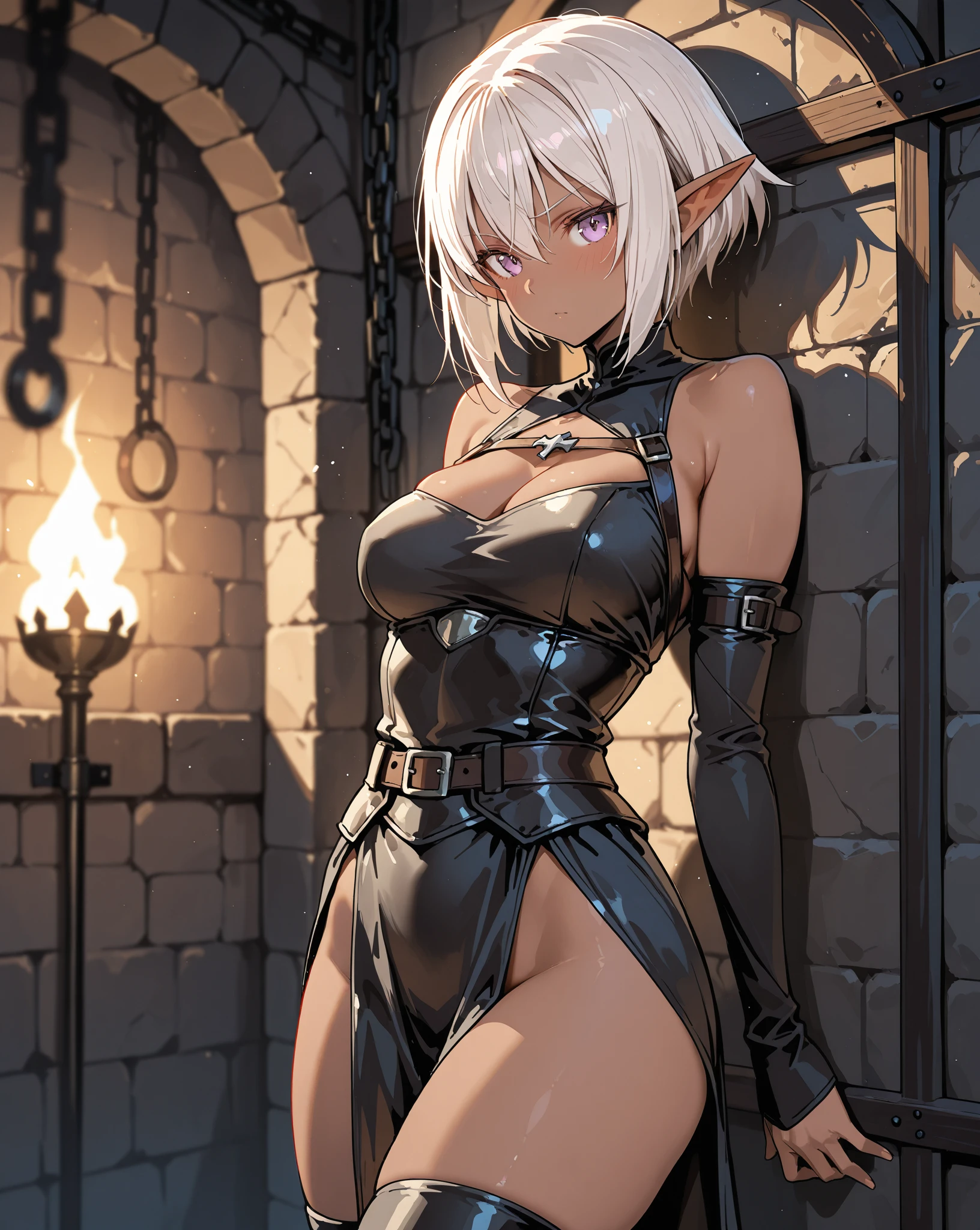 1slave, Full-body art, elf chained, bound, elf girl in , girl squatting, kneeling, knees on the ground, , , small , girl chained , chains, knees spread, shy and embarrassed expression, bright market place, (()), ((covered with )), ((submissive, humiliated)), ((lurex lingerie))