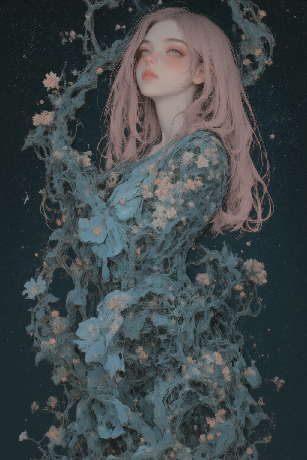 A gentle and graceful figure as if you were in a dream, Long Haired Woman,dark star-dotted background,She looks like she's floating in the air in a unique pose,Her delicate skin,Her clothes are a calm cornflower blue, harmonious dress,The dress is wrapped around something like a flower and petal to form a complex pattern,A woman with long hair that seems to be wrapped in a peaceful sleep,her long hair is faint curls,The hair color is pale pink,Flowers and figures blend beautifully, contrasts with flowing elegance、suggests a mythical affinity with the natural world,A calm atmosphere and connection with nature,background where flowers and figures blend beautifully The universe is decorated with intricate flowers, and something like a flower and petal is wrapped around the,organic The motif is quiet and whimsical, evokes something timeless,rich greenery all over another world Yoshitaka Amano, dreamy fantastic anime, animated art nouveau space display,