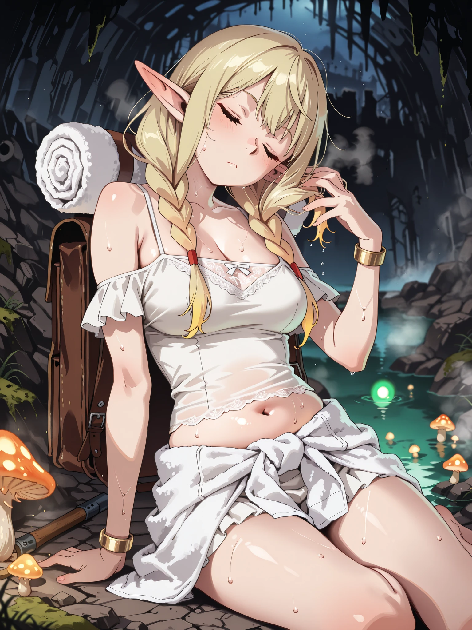 ((language: Japanese、English)、(masterpiece), (Highest Quality), (high score), (high definition),(4K),uncensored,),
(masterpiece, Highest Quality, very aesthetic),(this image generation is not NSFW）、
(fantasy、medieval Europe、1girl,,solo,),
(Return to normal coloring）、（normal image generation））
(,dungeon,Large caves, Geo Front, Ruins, groundwater, Waterfront,flashlight, backpack and magic wand,On the ground,,(Water bath,Steam,moss,Glowing Mushrooms),,( playing in the water),(anatomically accurate structure),),

(((lamp light illuminates a person's face),(wet hair),(magic orb that shines pale blue, multiple orbs floating in the sky, Magical Light),BREAK,( game CG),(beautiful hair,extremely delicate hair rendering,hair detailer:1.5),(Super detailed face:1.4),[(Partial Blur, Sharp Personality, slightly blurry background elements),:1.4)][(side light:1.4)],))

((mature woman,Marcile Donato,long hair under underwear, Blonde,eye,  pointed ears, twin blade, Elf,twin tails,Bang, [(gradient hair from blonde to light green:1.4)0.6],white camisole, long camisole,(Slit Dress), (yellow embroidery), frills, Off Shoulder, gold bracelet that straddles others,(towel wrapped around the waist), White Drawers ,(medium breasted),(belly button),),( (Barefoot),),((happy),close eyes,(sweat),)sits on a rock,(Drooping legs:1),(tilt your neck:1),(twist torso:1.2),( hands,hair together),[eyeをそらす:],[cowboy shot:],,BREAK,[side of the sky:1.5],[Dutch Angle],),

(),
（high score）、（Superb image generation）、
(number of correct fingers, Five Fingers),
(Wrap a large towel around your waist),
(Return to normal coloring）、（normal image generation））
