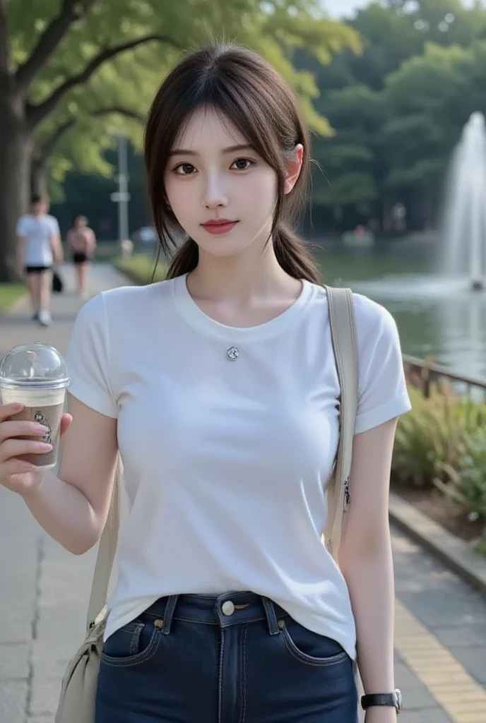 (best quality, masterpiece, ultra detailed, ultra highres, raw photo, absurdres, absolutely resolution, 8k:1.2) (photorealistic, realistic:1.4) detailed 4k background, sunlight, close up, upper body shot, bokeh BREAK 1 girl, (solo:1.2) cute, beautiful, 18 years old, kawaii, solo, cute idol face (detailed brown eyes) looking at viewer, tilting head, happy smile, detailed hair (dynamic sexy gravure pose:1.3) perfect , (detailed pale skin texture:1.1) (wet skin, oil skin, sweat:1.3) BREAK (big breasts) white solid t-shirt,  shirt (outdoors, city, sunny, extremely hot day)