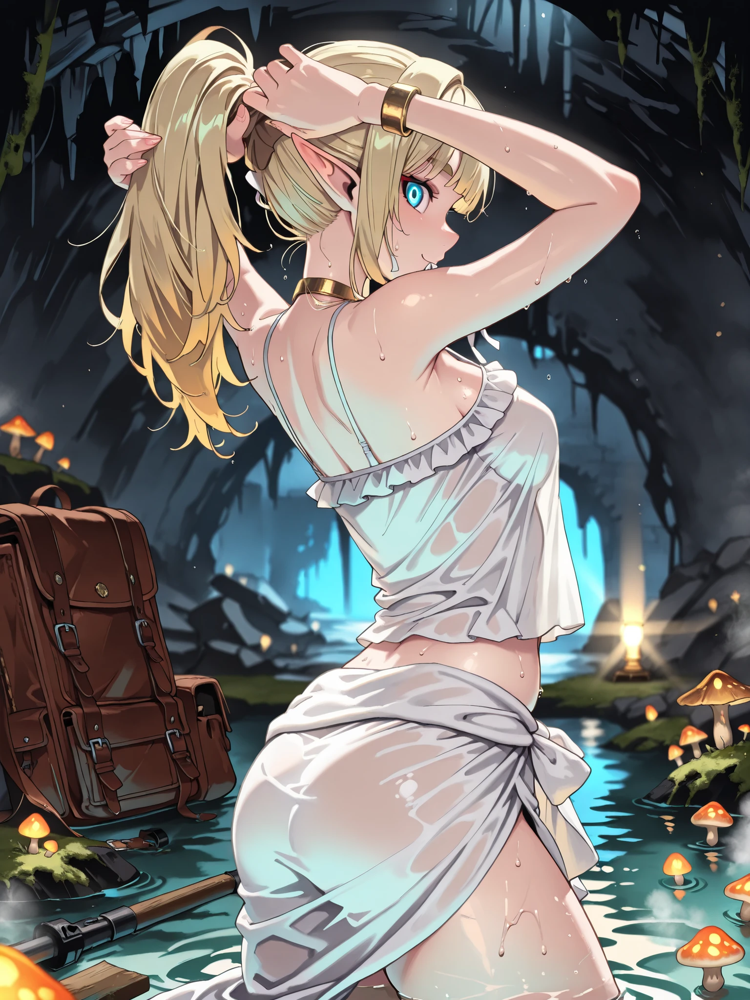 ((language: Japanese、English)、(masterpiece), (Highest Quality), (high score), (high definition),(4K),uncensored,),
(masterpiece, Highest Quality, very aesthetic),(this image generation is not NSFW）、
(fantasy、medieval Europe、1girl,,solo,),

(,dungeon,Large caves, Geo Front, Ruins, groundwater, Waterfront,flashlight, backpack and magic wand,On the ground,,(Water bath,Steam,moss,Glowing Mushrooms),,( playing in the water),(anatomically accurate structure),),

(((the light of the lamp illuminates the person's face）、(wet hair),,BREAK,(very cute and beautiful girl),(beautiful hair,extremely delicate hair rendering,hair detailer:1.5),(Super detailed face:1.4),[(Partial Blur, Sharp Personality, slightly blurry background elements),:1.4)][(side light:1.4)],))

((mature woman,long hair under underwear, Blonde,eye,  pointed ears, twin blade, Elf,ponytail,Bang,straight hair per sheet, [(gradation hair from blond to light green:1.4)0.6],white camisole, long camisole,(Slit Dress), (yellow embroidery), frills, Off Shoulder, gold bracelet that straddles others,(towel wrapped around the waist),(medium breasted),(belly button),),( (Barefoot),),((happy),open eyes,(sweat),)Sit on the beach ,(arms:1),(Drooping legs:1),(Twisted Torso:1),(hair together),(Arms behind:1),[横eyeで見る:],[cowboy shot:],,BREAK,[side of the sky:1.5],[backshot,:1.5],[Dutch Angle],(WHITE RIBBON, Ribbon on mouth)),

(),
（high score）、（Superb image generation）、
(number of correct fingers, Five Fingers),
(A large towel wrapped around the waist),
