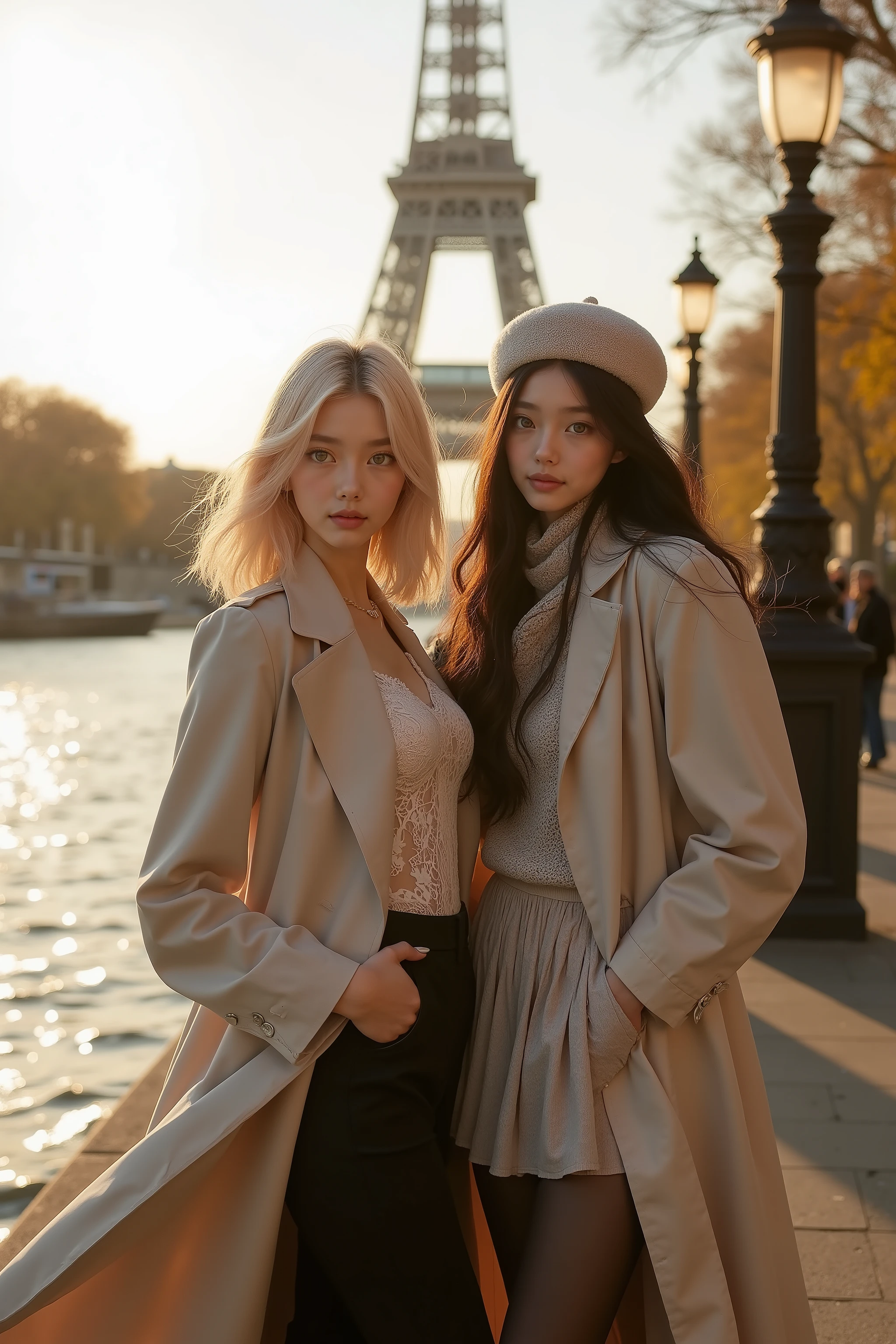 8k hyper-photorealistic cinematic front wide shot of two stunningly beautiful 16-17-year-old Japanese girls posing confidently side by side like fashion models along the Seine River in Paris, exuding sexy allure, Eiffel Tower in background.
Main girl: flawless porcelain skin glowing radiantly, silky blonde bob with soft waves, sharp brown almond eyes sparkling with joy, playful smile with pearl teeth, plump lips, subtle dimples on flushed cheeks, long lashes, natural makeup. Wears chic Parisian trench coat open over lace blouse, slim black pants, ballet flats.
Friend: long flowing dark wavy hair, warm hazel eyes, matching playful grin with flawless teeth and dimples. Wears beret-topped sweater with scarf, pleated skirt, ankle boots.
Autumn Seine banks: warm golden sunlight on river waves, blurred tourists and bridges, soft bokeh from lamps, hyper-realistic skin textures with subtle freckles and glossy lips, volumetric god rays over water, soft depth of field, natural cinematic lighting.