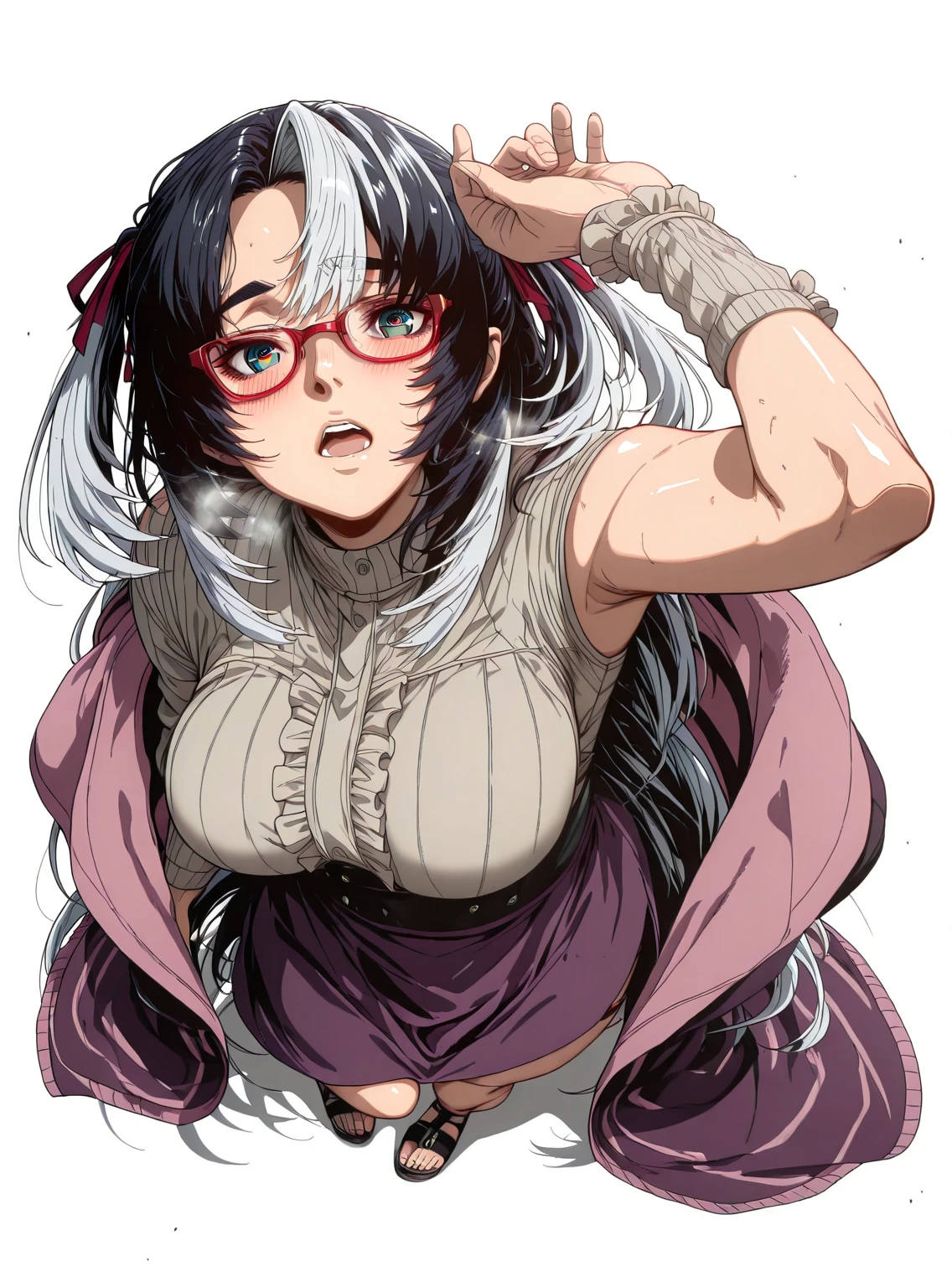 L_Cation2, Babu-style, Hgk, (yoshio_(55level)-style:1.4), (gogalking-style:1.3), (gin_moku-style:1.2), (imizu_(nitro_unknown)-style:1.3), (chicke_iii-style:1.8), (anime coloring, anime screencap), shiny skin, (voluptuous body:1.4), (mature female:1.4), (cellulite:1.3), ((anatomical correct)), ((Cinematic, unreal engine, eye-catching, ambient occlusion, UHD, masterpiece)), ((perfect lighting, soft shadow)), perfect body, perfect eyes, perfect fingers, gasping, heavy breathing, gasping profusely, ((skindentation)), ((curvy)), white hair, absurdly long hair, sidelocks, two side up, hair ribbon, multicolored eyes, ((square pupils, big pupils)), plump, 1girl, solo, glasses, breasts, skirt, open_mouth, red-framed_eyewear, looking_at_viewer, white_background, purple_skirt, frills, blush, simple_background, from_above, sandals, fisheye, close-up 