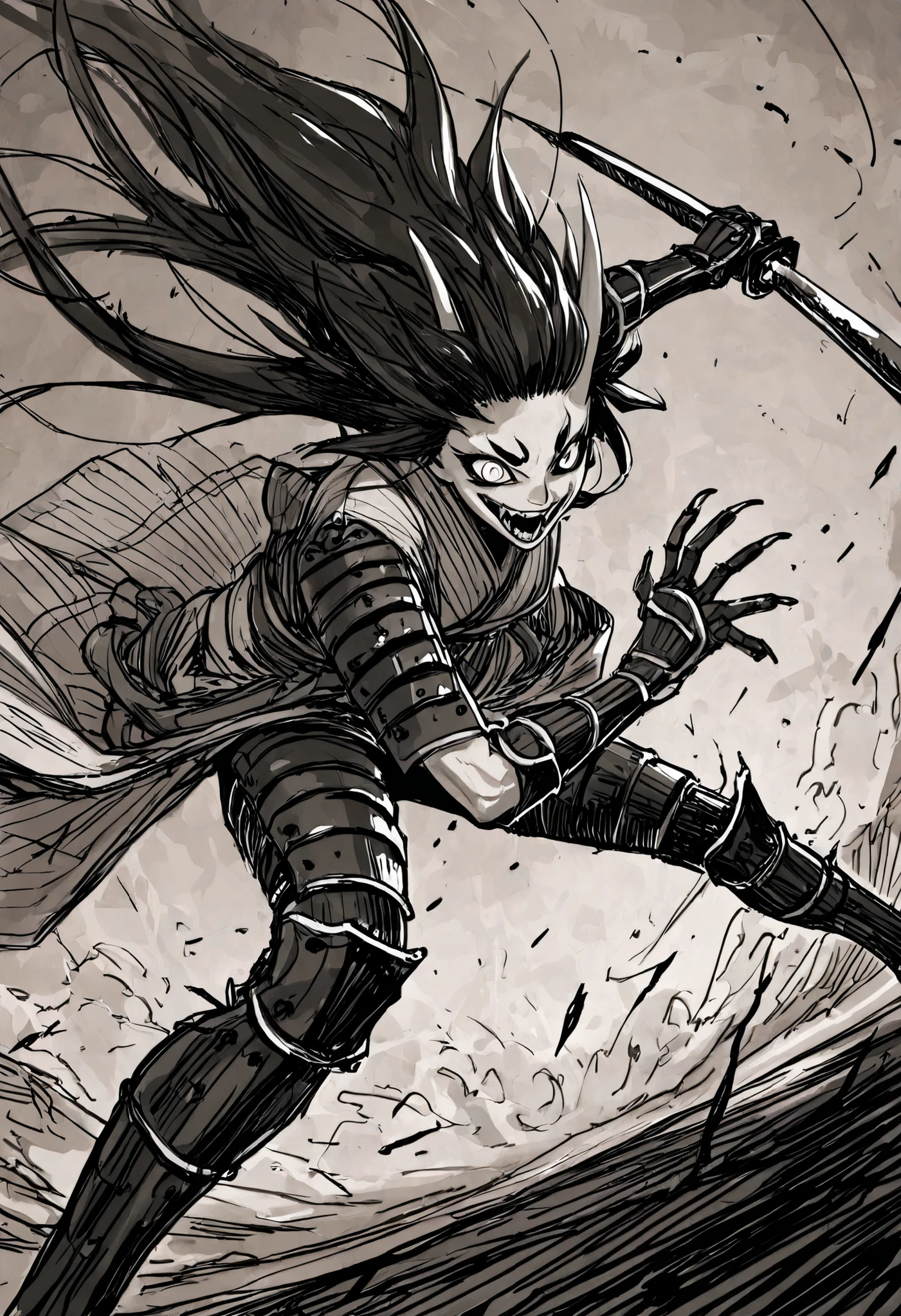 Game monster, sketch, concept art, Twisted human face with crazy smile and oni teeth, floating hair, demon oni fangs, japanese folklore ONI, Oni, kimono and feudal battle armor, Katana , long thin body, floating hair, on plain white canvas, rough, thin lines, 2d, concepts art, Masterpiece, incredible quality, perspective, standing still pose, Dutch angle,Alone , grew old, brutal, cunning