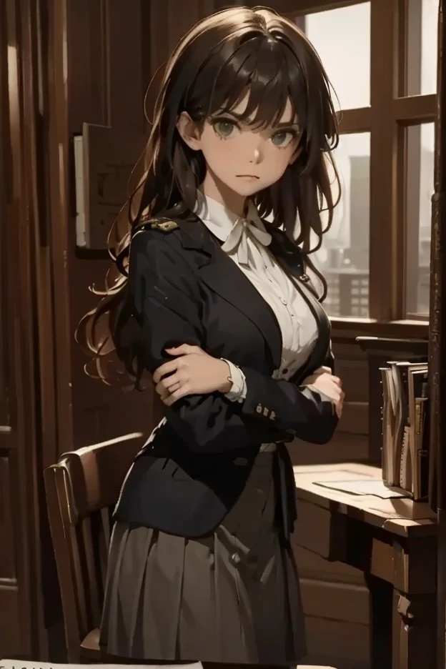 Cartoon Stylea stern-faced disciplinary committee member, fanatic devotion to upholding rules, intimidating posture with arms crossed, piercing gaze, grey uniform, gold insignia, stately office interior, ornate wooden desk, stacks of files, window with cityscape behind, dramatic high-contrast lighting, 4k, ultra-detailed, photorealistic, dramatic chiaroscuro lighting, cinematic composition, muted color palette, somber mood