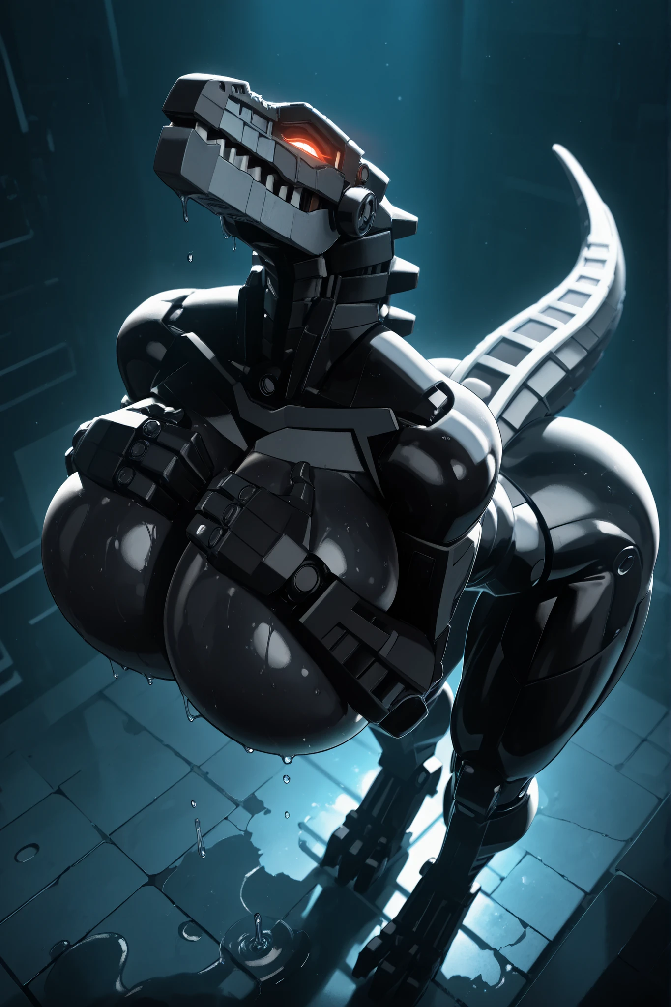 l3g0, masterpiece, best quality, amazing quality, very aesthetic, high resolution, highly detailed, high quality, krekkov style, score_9, score_8_up, score_7_up , solo, muscular, roodaka, bionicle, anthro, dinosaur, lidded eyes, annoyed, glowing eyes, seductive pose, abs, breasts exposure, narrow waist, shiny body, metallic body, oiled body, jewelry, clothed, standing, gigantic breasts, gigantic thighs, sweaty, dripping, tail, bent over, arched back, cinematic angle, cinematic lighting, from above, hands over chest, bent over, arched back, side view