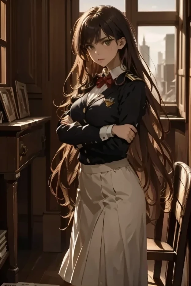 Cartoon Style a stern-faced disciplinary committee member, fanatic devotion to upholding rules, intimidating posture with arms crossed, piercing gaze, grey uniform, gold insignia, stately office interior, ornate wooden desk, stacks of files, window with cityscape behind, dramatic high-contrast lighting, 4k, ultra-detailed, photorealistic, dramatic chiaroscuro lighting, cinematic composition, muted color palette, somber mood