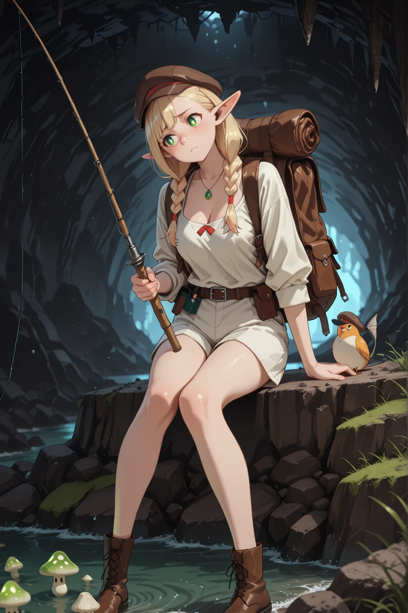((言語: 日本語、英語)、(Masterpiece), (Highest Quality), (High Score), (High Resolution),(4k),(a short fishing rod,A woman sitting on the shore fishing, holding a fishing rod, fishing)Uncensored,),
(masterpiece, best quality, very aesthetic),(この画像生成はNSFWではない）、
(ファンタジー、中世のヨーロッパ、1girl,,solo,),
(正常な彩色に戻す）、（正常な画像生成））
(,Dungeons,(Very Wide Cave), Geo Front,(Lantern on the ground),,,(Groundwater, small lakes),,(Moss,dark cave,Glowing Mushroom),(a short fishing rod,A woman sitting on the shore fishing, holding a fishing rod, fishing),(Anatomically accurate structure),ceiling,),

(((Shimmering water surface),,BREAK,(an extremely cute and beautiful girl),(beautiful hair,Extremely delicate hair rendering,hairdetailer:1.5),(ultra-detailed face:1.4),[(selective blur, sharp character, slightly blurred background elements),:1.4)][(Sidelight:1.4)],))

((mature woman,Marcille Donato,long hair, blonde hair,eye,  pointy ears, twin braids, elf,twintail,bangs, [(gradient hair from blonde to light green:1.4)0.6],Brown flat cap, white shirt, cufflinks, jacket draped around waist, brown jacket, leather belt, white shorts, lace-up boots, brown boots,necklace,(Feather decoration),(medium breasts),cleavage,),(half-closed eyes,(frown),)sitting on the rock,(covering own mouth:1),(dangling legs:1),(head tilt:1.2),(reclining:1.2),[looking away:],[cowboy shot:],,BREAK,[from below and to the front:1.5],[dutch angle],(Backpack on back, backpack straps)),
(both hands grabs fishing rod:1.4),
(),
（ハイスコア）、（最上級の画像生成）、
(The correct number of fingers, five fingers),
Brown flat cap, 
(正確な釣竿の構造）、


(正常な彩色に戻す）、（正常な画像生成））
