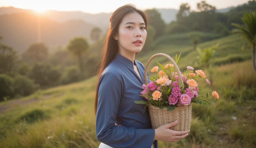 there is a woman standing in front of a car with flowers, In a blue cheongsam, with flowers, Wearing a blue cheongsam, In Lammanh style, Vietnamese woman, Ao Dai, Beautiful young amaranth, holding flowers, Anna Nikonova, Anna Nikonova aka newmilky, cute woman, Tomorrow, Tran., handsome girl