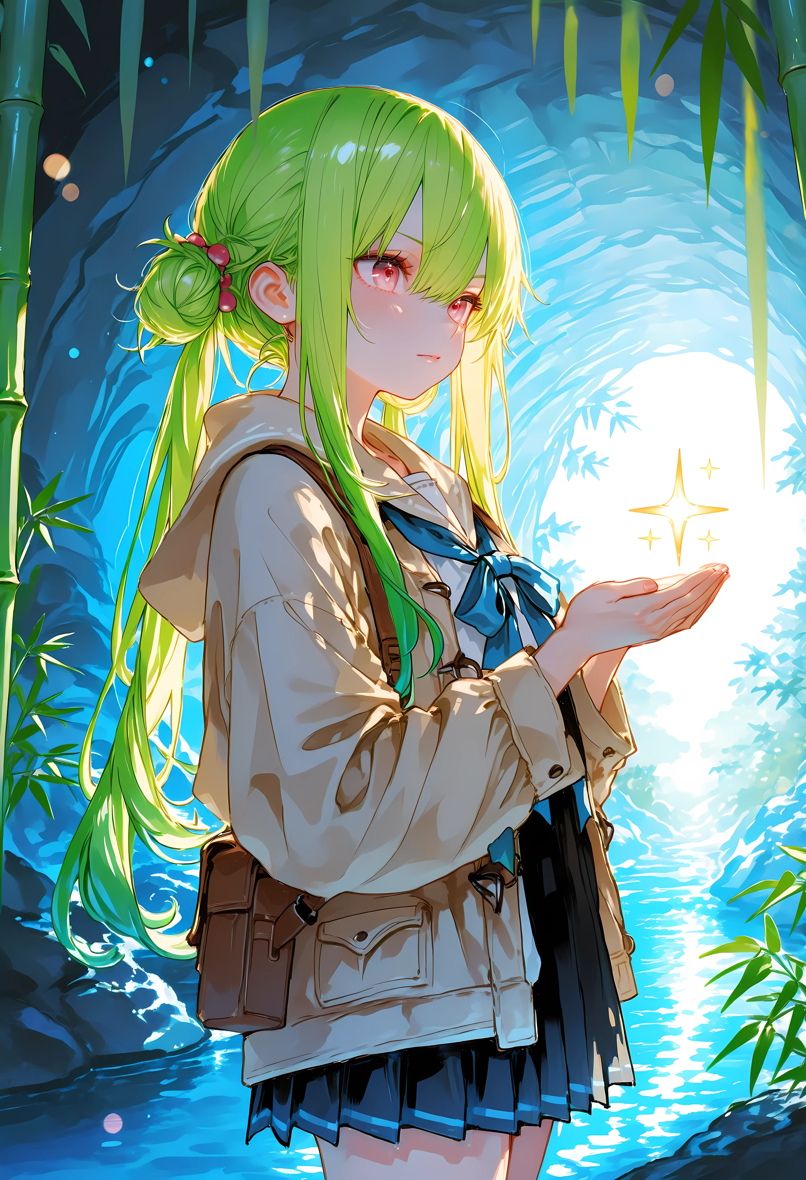 A girl who goes on an adventure in a huge underground cave in search of sparkling ores、cowboy shot、slender body、serious expression、Attitudes Like Leading Explorers，Bamboo is not growing、Bright Ore Shining in the Dark、A fantastic underground lake、 Chokehole、Stalagmite 、Beautiful Scenery Woven by Ice Bamboo Shoots、Complex Stratigraphic Structures Over Time、Mankind's First Subterranean Expedition、grand and mystical atmosphere high resolution、super definition、Realistic、High Quality、4K、Pictorial Texture、Professional Finish、soft lighting、Highly Detailed Paintings、physics-based rendering、vivid colors、bokeh