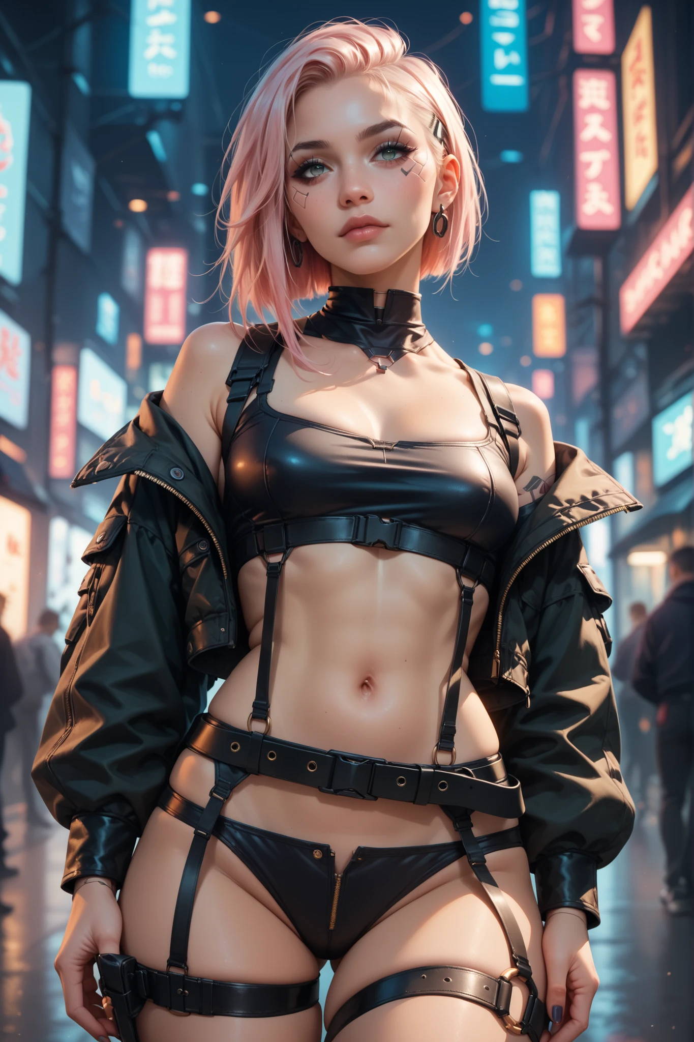 ((Masterpiece stunning Anime illustration)), ((extremely delicate and beautiful cybernetic girl, ((very long neon pink hair:1.2)), vibrant moonlight eyes, ((massive accentuated super huge enormously gigantic ???? ??????? and ???????????????:1.2)), ((???? hairy ?????????????:1.2)), tattoo sleeves and piercings)), ((highly detailed face)), ((mechanical limb, mechanical vertebrae)), ((mechanical cervical attaching to neck)), (wires and cables attaching to neck:1.2), ((mass of wires and cables on head)), ((wearing colorful Harajuku-inspired hip hop cyberpunk tech hooded tech jacket)), (squatting ?????????????????? open, ???? seductive slutty pose, ???? seductive slutty ????? ?????? facial expression:1.2), ((cowboy shot camera view from above)), (masterpiece), (((best quality))), ((ultra-detailed)), (highly detailed photorealistic CG illustration), cinematic lighting, science fiction, extremely detailed,colorful,highest detail, (((cyberpunk city background, (Blade Runner), futuristic Harajuku cyber city district))), ????