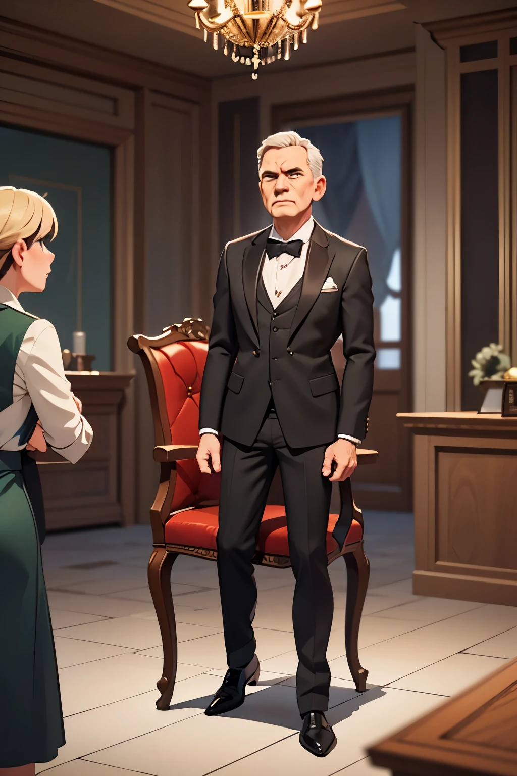 Disciplinary Committee, guardian of the rules, stern-faced official in formal attire presiding over a somber tribunal, imposing authority, high-backed chair, oak-paneled room, ornate chandelier, low lighting, moody atmosphere, realistic, 4k, hyper-detailed, dramatic lighting, photorealistic, cinematic