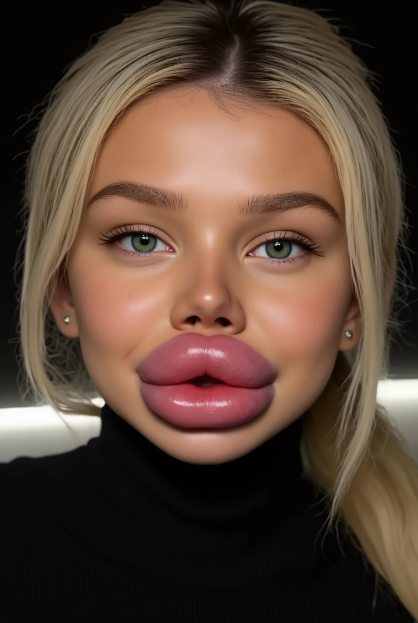 Ultra-realistic front view portrait of a super cute young woman in her 20s with platinum blonde hair with black roots in a ponytail. She has a cute slight smile on her face. She has a puffy face and long eyelashes. Her facial features are huge fake round bimbo lips, glossy and overfilled, and she has round cheeks. She Looks innocent. She is wearing a tight black ribbed wool turtleneck sweaster. She has bright green eyes. The lighting is soft and even, and the background is minimal, emphasizing her face and outfit. The style is high-end influencer aesthetic, ultra-detailed, photorealistic, cinematic 8k. 
