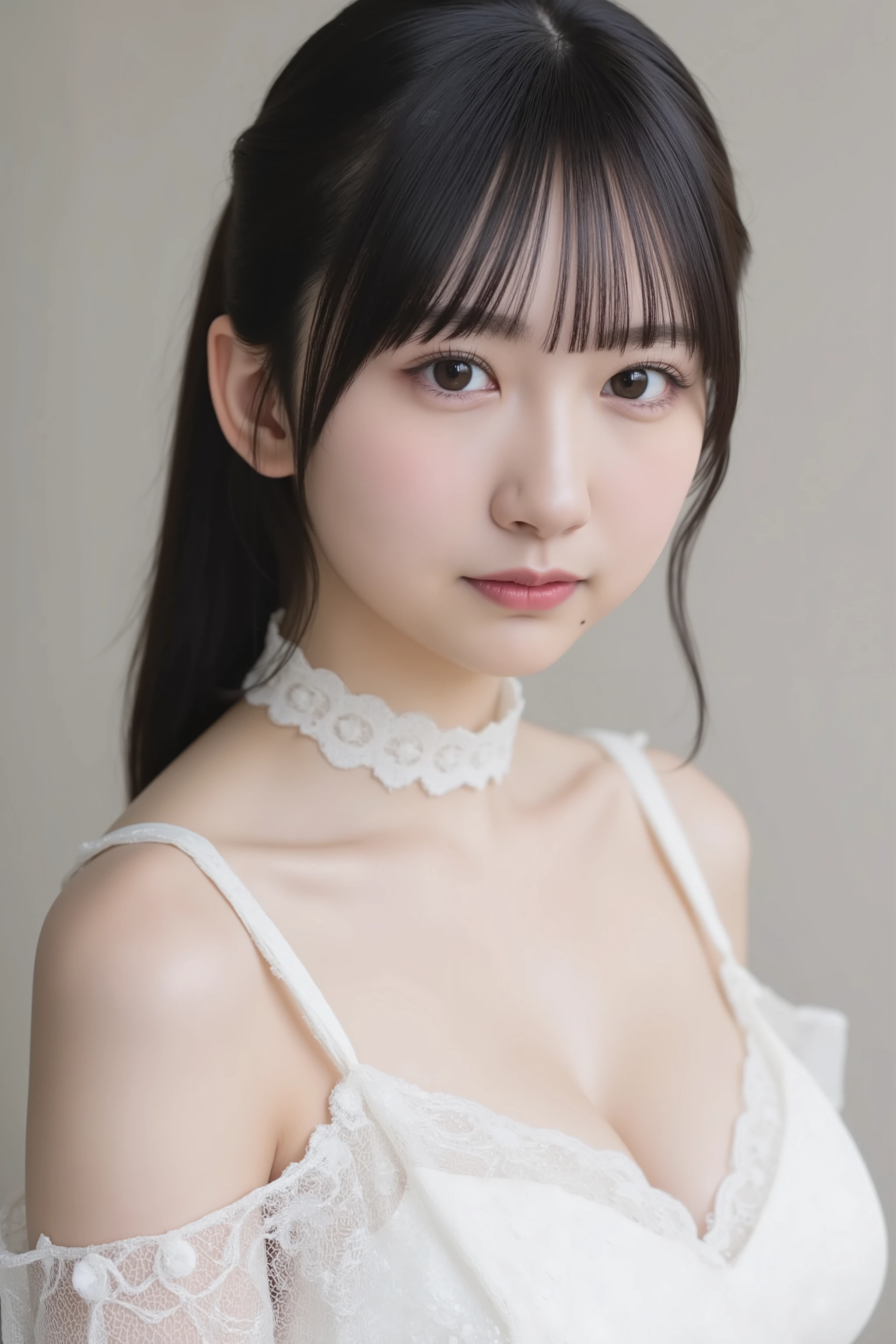 This photo shows a cute Japanese woman, goth fashion,
white lace dress, white choker, off shoulder, 
The image is of very high quality, with clear skin texture.
The focus is on her face.
The focus is very sharp.

Her whole body is in the picture.
Her facial expression is sexy.
She is facing forward.
She has shiny black hair.
Her skin is beautiful, fair, finely textured, and even.
Her breasts are large and firm.

