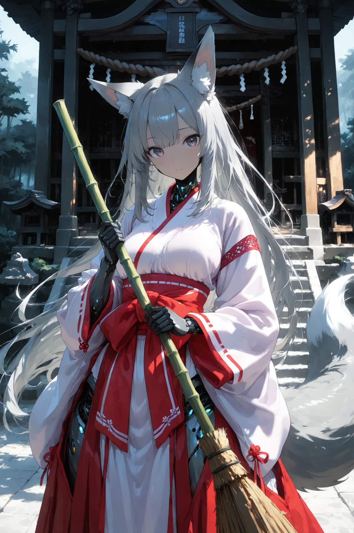 lily、gray hair、Fox、warrior、shrine、long hair、small breasts、highest quality、He has a sword at his waist.、woman