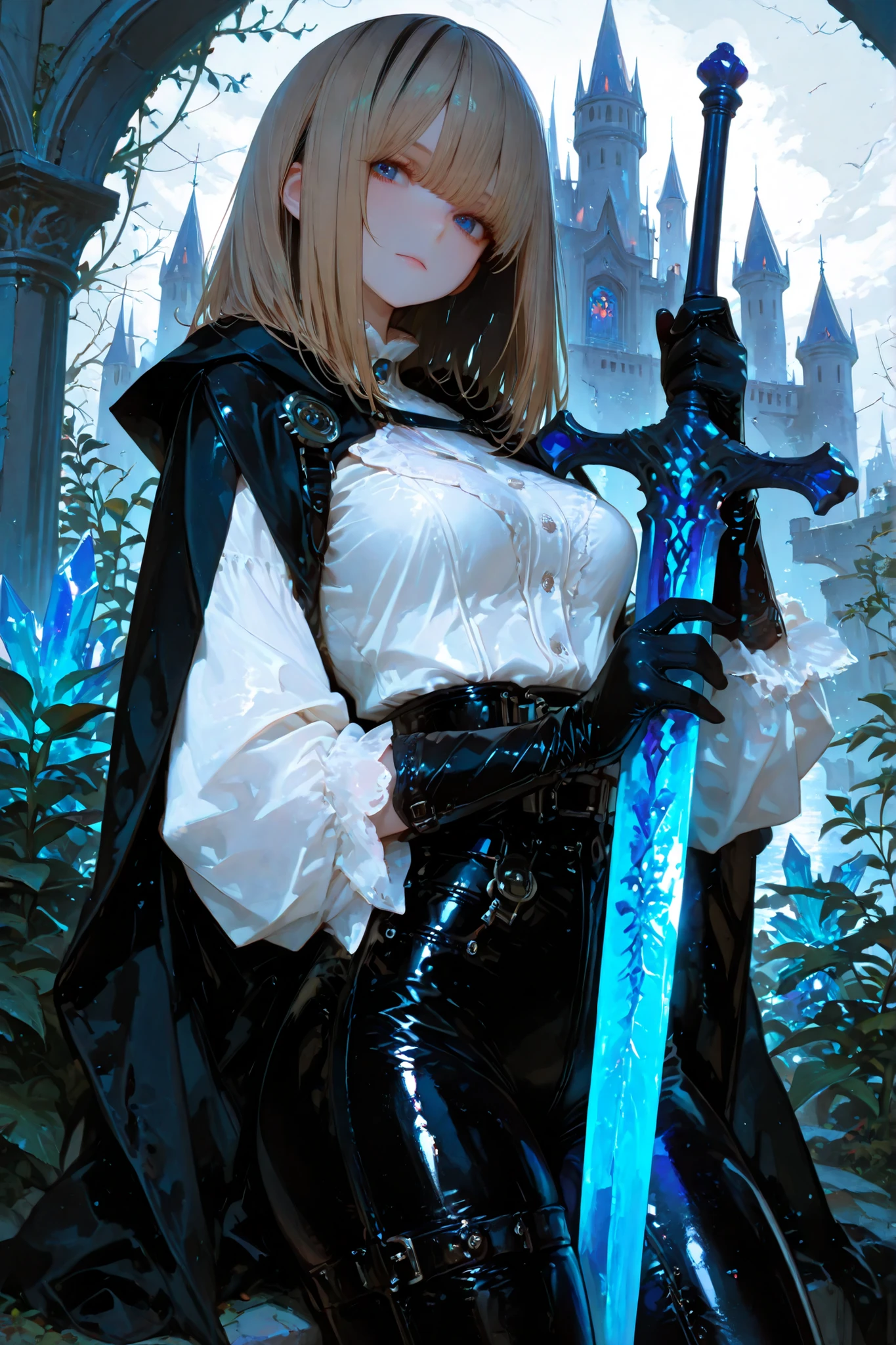 748cmstyle, 1girl, solo, ultrahd, best quality, highres, beautiful eyes, best eyes, good eyes, medium hair, dark blonde hair, straight hair, blue eyes, blouse, black pants, leather pants, medium breasts, frontview, castle, black cape, cowboy shot, dutch shot, holding sword, leather shoes, full body, best anatomy, best hands, perfect anatomy, 8k, 4k, ultrahd, majestic, gloves, leather gloves, black gloves, young adult, deadpan expression, dark hair, greatsword, ornamental greatsword, ornate greatsword, crystal greatsword, lagoon, long gloves