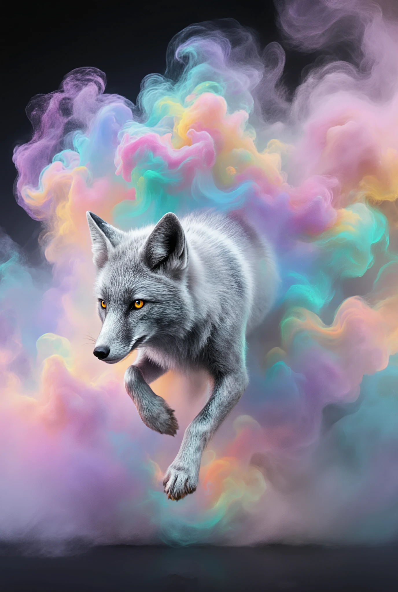 A radiant cloud of shimmering, rainbow-colored smoke swirls and glows, filling the air with an ethereal light. Suddenly, from within the luminous haze, a sleek silver fox leaps forward, its fur gleaming like polished moonlight. The creature moves with grace and mystery, its eyes reflecting the colors of the mist as it emerges into the open.
