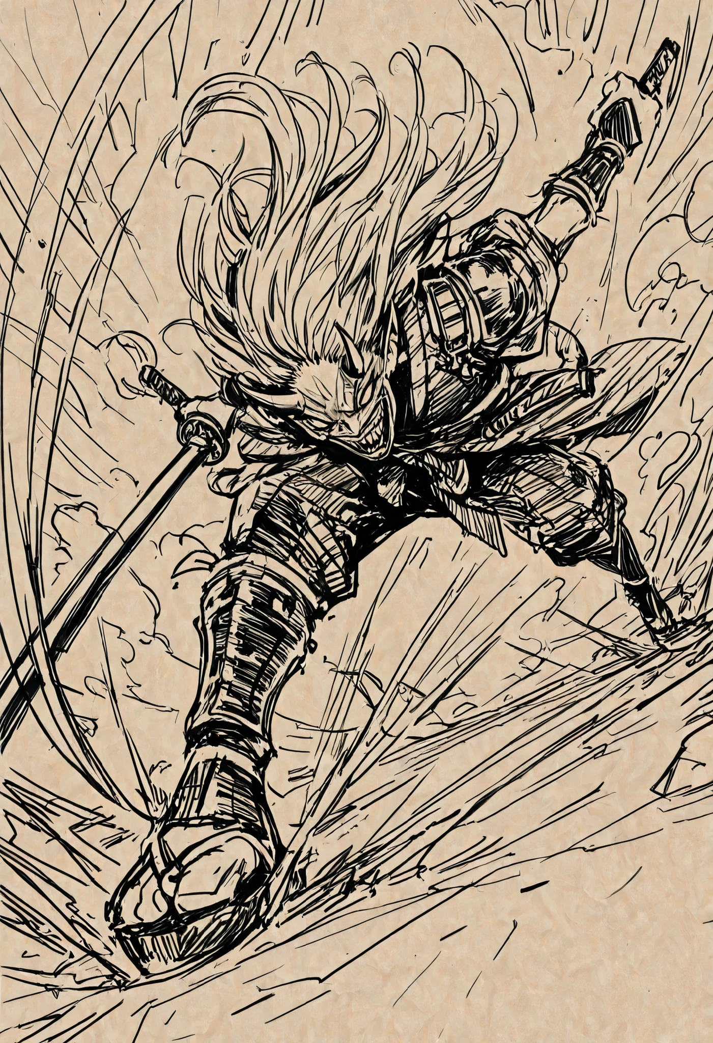 Game monster, sketch, concept art, Twisted human face with crazy smile and oni teeth, floating hair, demon oni fangs, japanese folklore ONI, Oni, kimono and feudal battle armor, Katana , long thin body, floating hair, on plain white canvas, rough, thin lines, 2d, concepts art, Masterpiece, incredible quality, perspective, standing still pose, Dutch angle,Alone , grew old, brutal, cunning, man