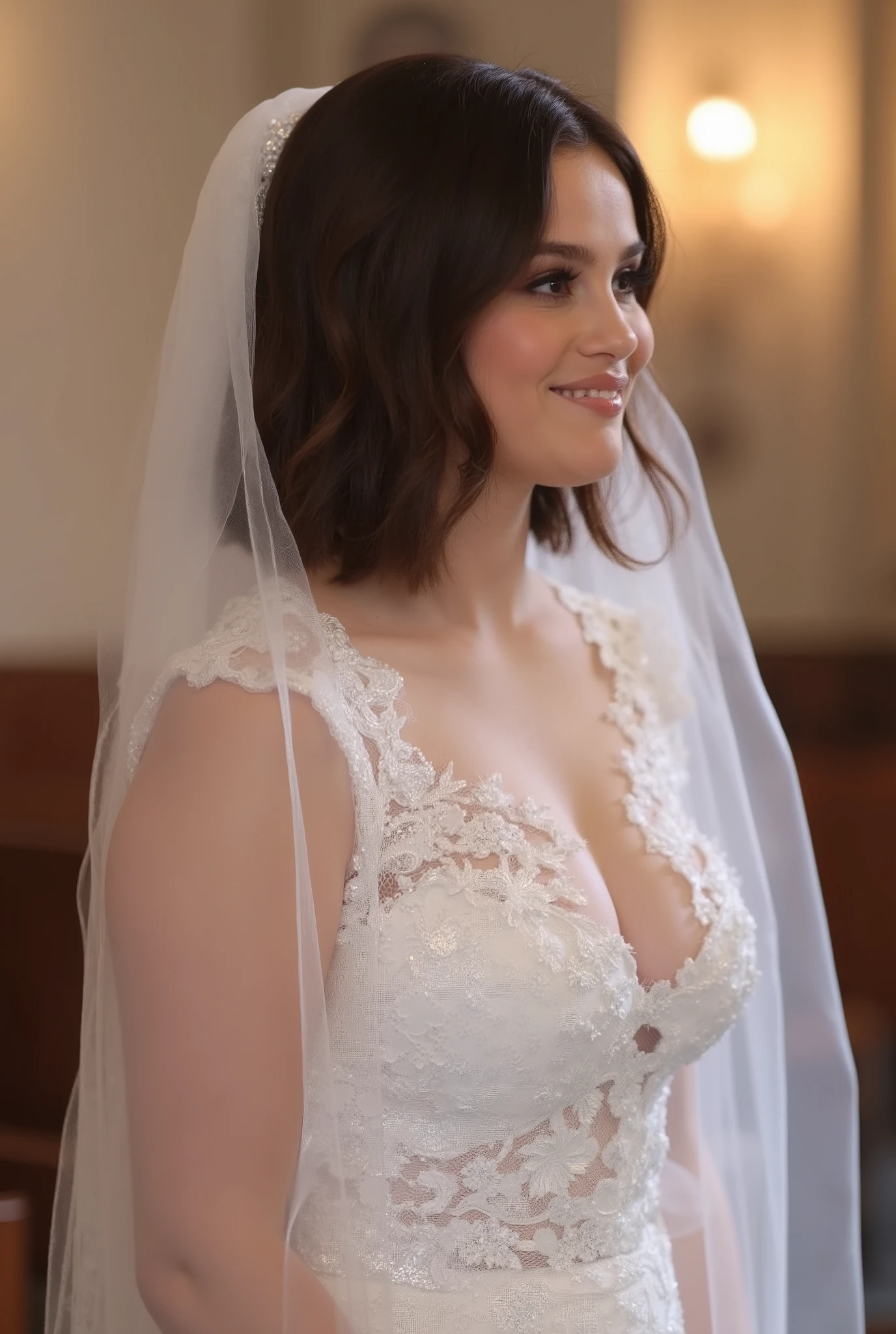 side view, candid, Selena Gomez wears a white lace wedding dress and a long wedding Vail on her dark brown short bob cut hair. inside of church